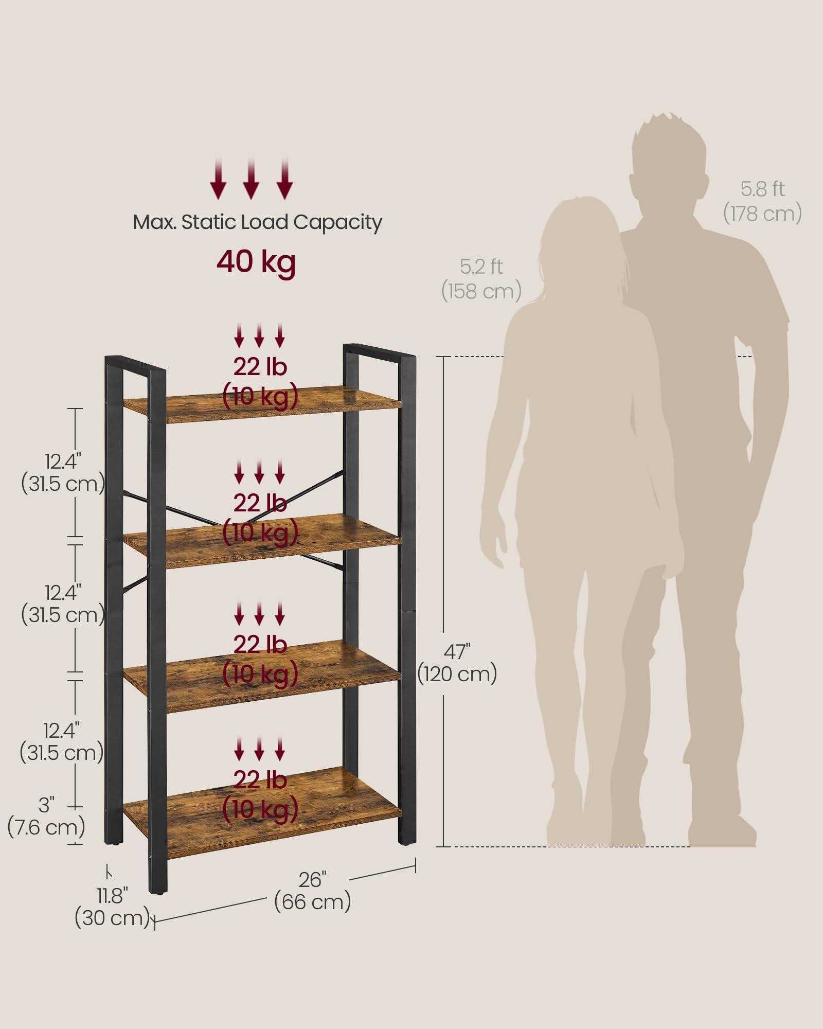 VASAGLE 4-Tier Bookshelf, Bookcase with Steel Frame, Book Shelf for Living Room, Home Office, Study, 11.8 x 26 x 47 Inches, Industrial Style, Rustic Brown and Ink Black ULLS60BX - Image 3