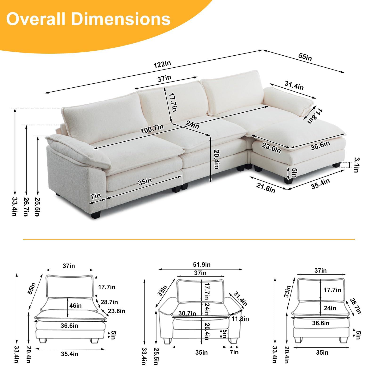 Karl home Sectional Sofa Modular Deep Seat Sofa Couch with Ottoman, Teddy Fleece Sofa Sleeper Comfy Upholstered Furniture for Living Room, Apartment, Studio, Office, (3-Seat & 1-Ottoman, Teddy Beige) - Image 2