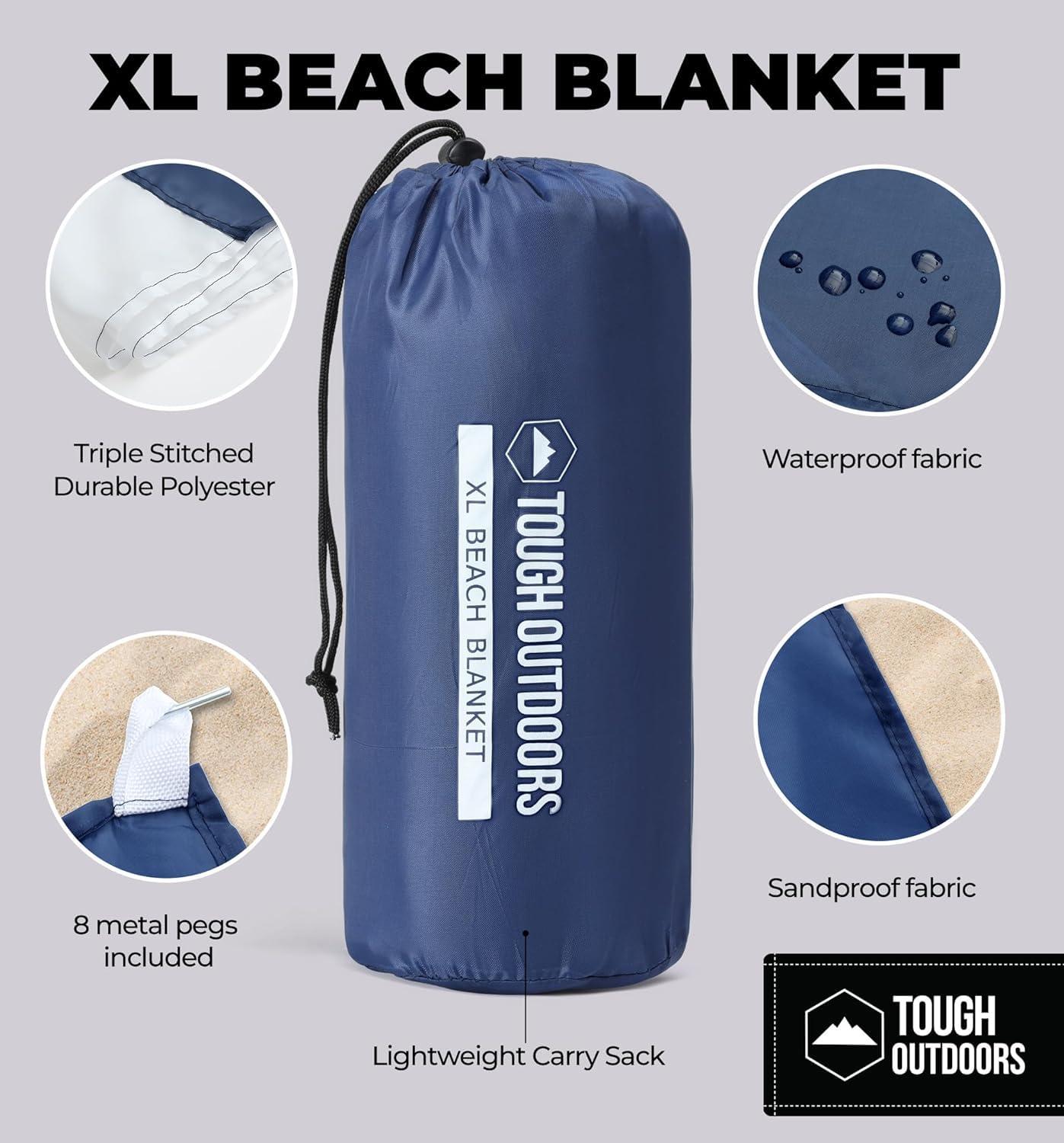 Tough Outdoors Extra Large Beach Blanket Waterproof Sandproof Oversized - 11'x10' Sand Free Beach Mat for 9 Adults - Hiking, Outdoor & Beach - Navy Blue & White - Image 4