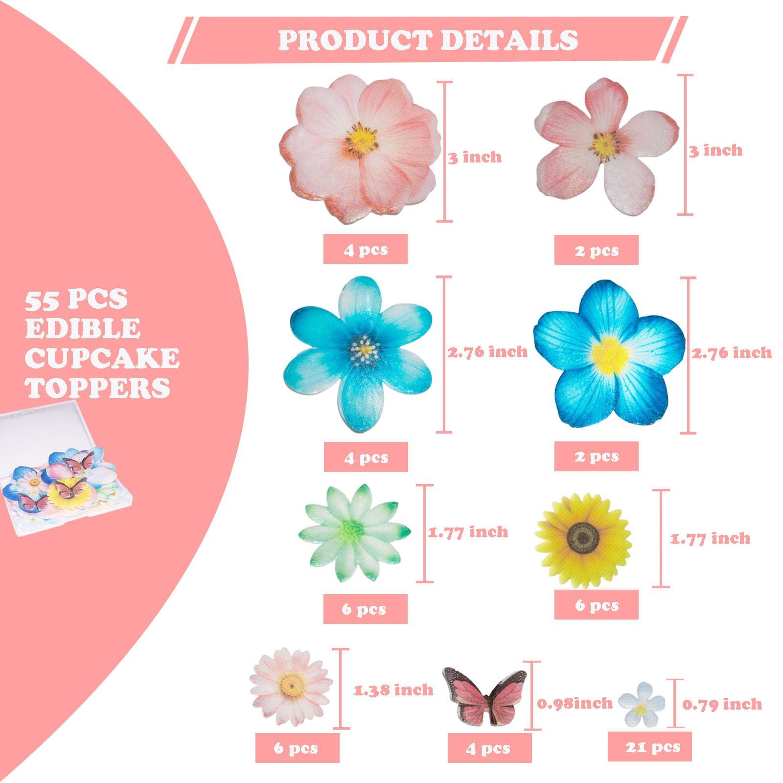 Topapfo 55pcs Edible Flower Butterflies Cake Toppers Cupcake Toppers Wafer Paper Cake Decorations for Themed Party Wedding Bridal Shower Birthday Decorations - Image 3