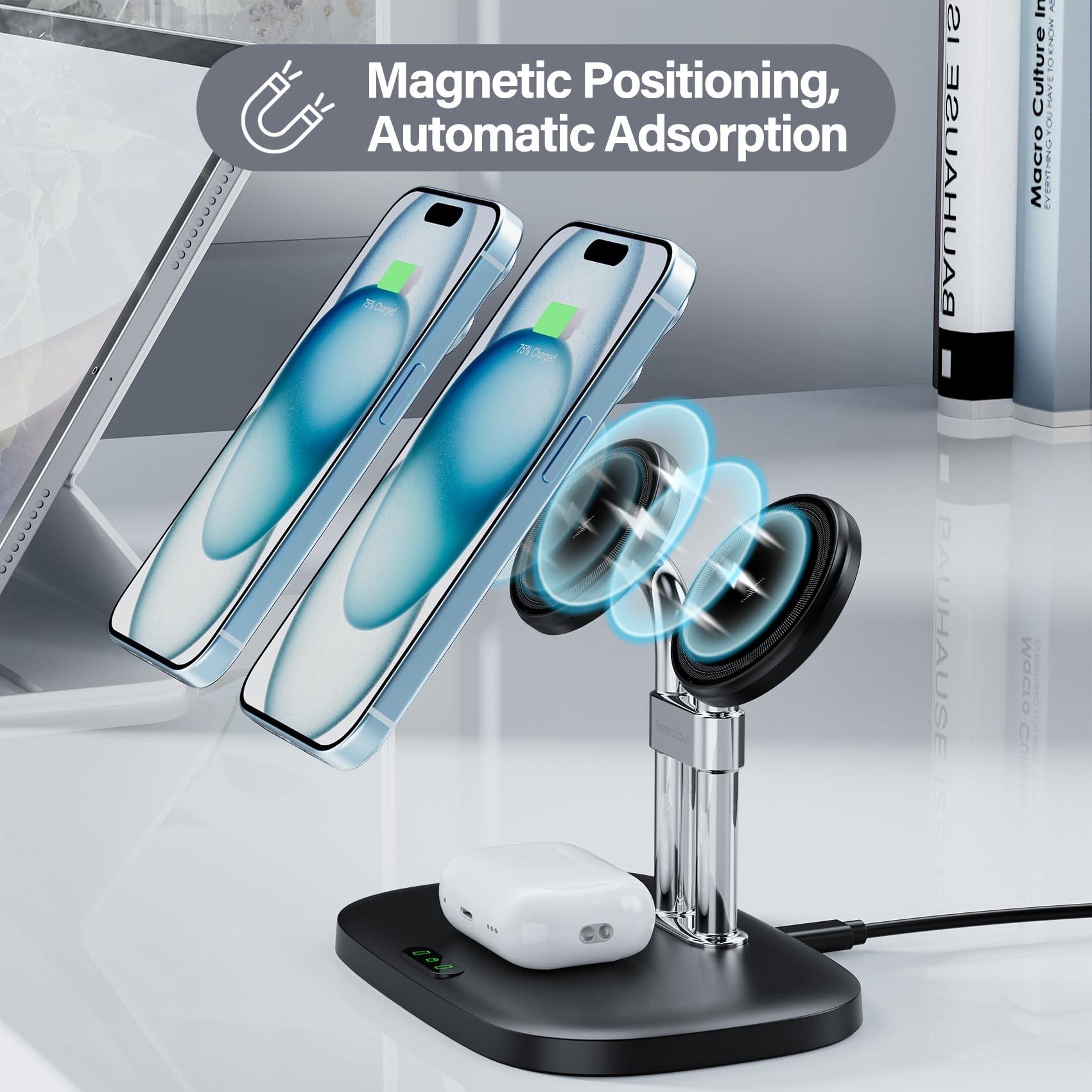 SwanScout Wireless Charger for iPhone 16 15, SwanScout 706M, Dual Magnetic Charger for iPhone 14/13/12 Series, Charging Station for AirPods Pro 2, AirPods 4/3rd (Black) - Image 4