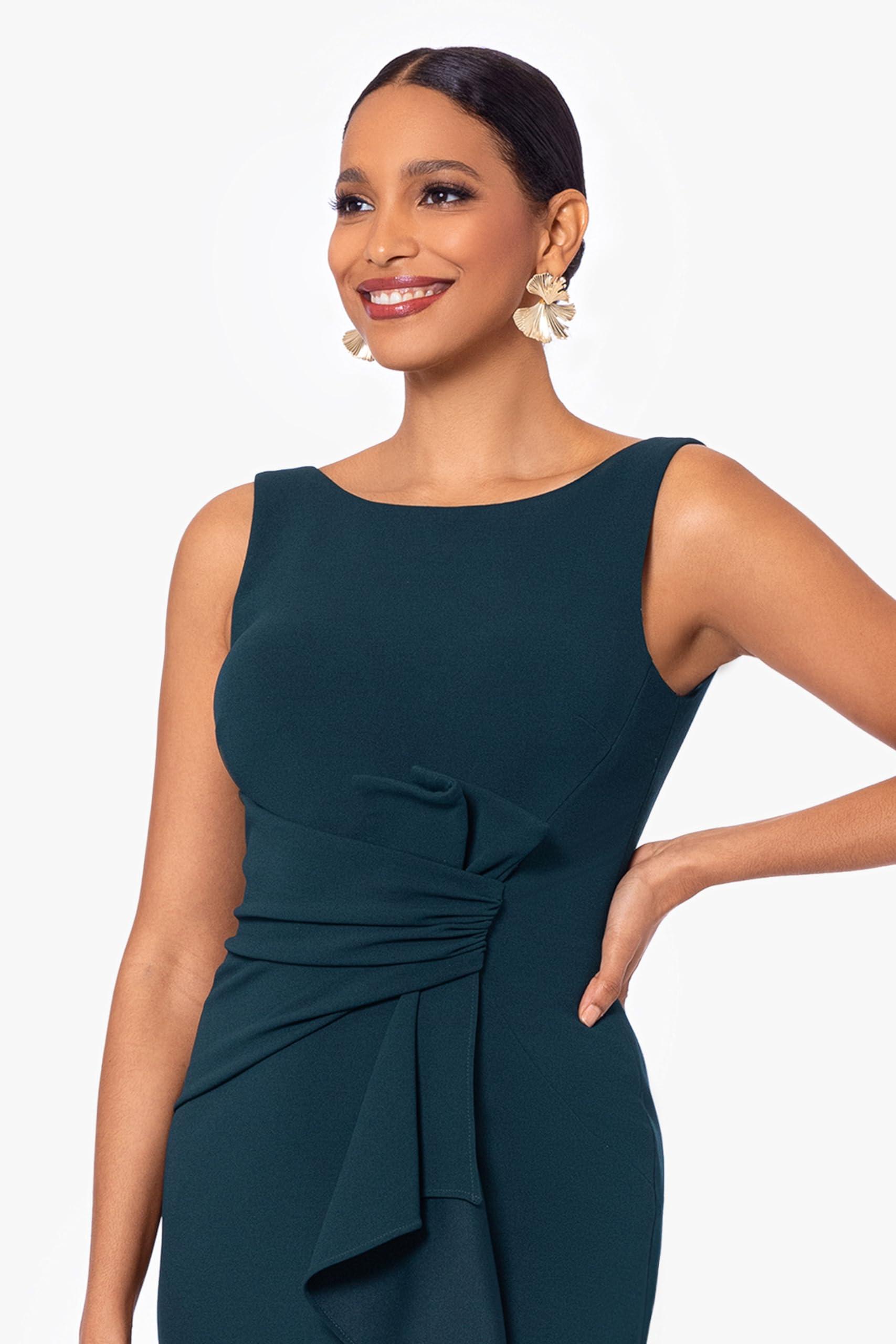 Betsy & Adam Women's Long Sleeveless Boat Neck Ruffle Side Slit Scuba Crepe Gown - Image 4