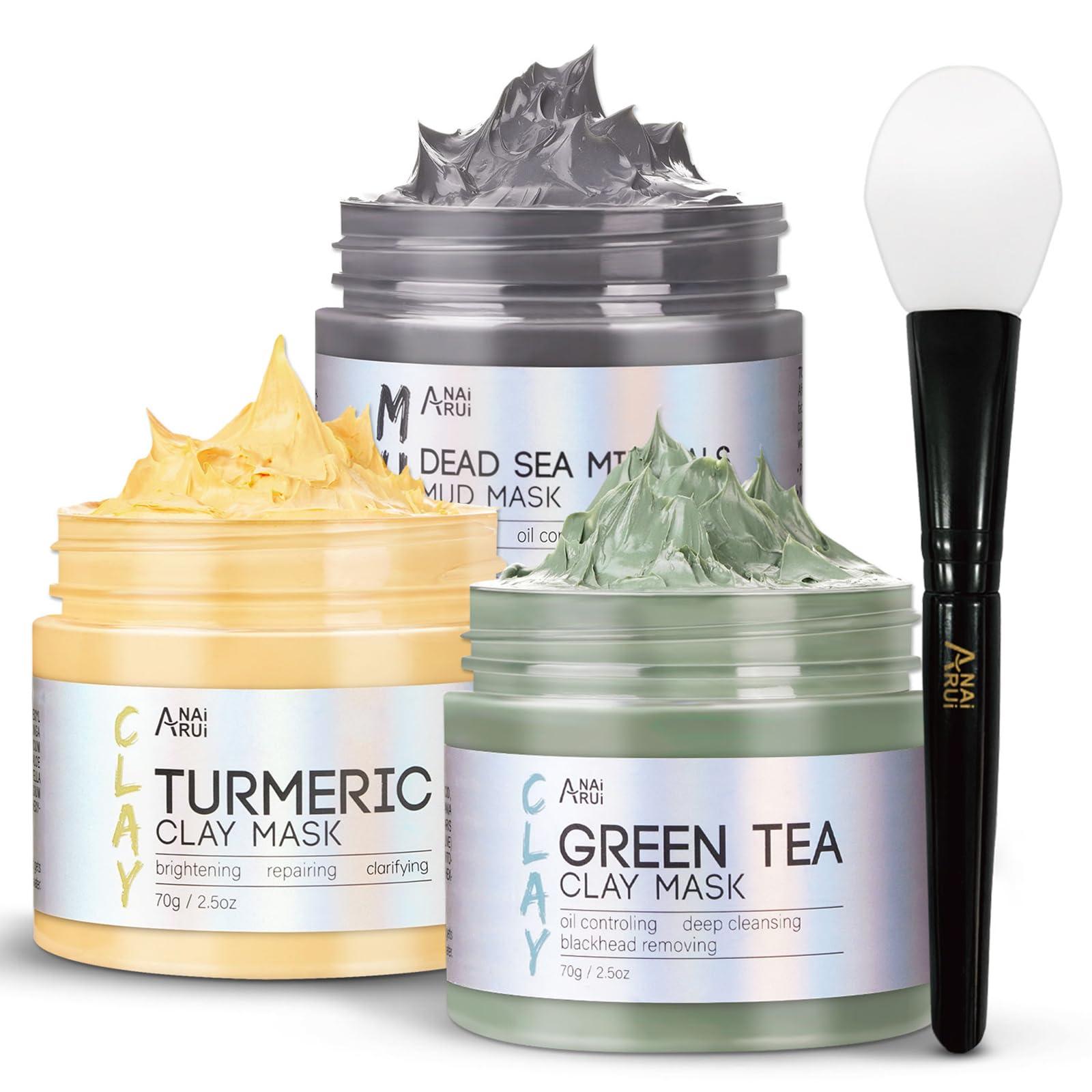 ANAI RUI Turmeric Clay Mask - Green Tea Clay Mask - Dead Sea Minerals Mud Mask, Spa Facial Mask Set, Face Mask Gift Set 2.5 oz each - Image 1