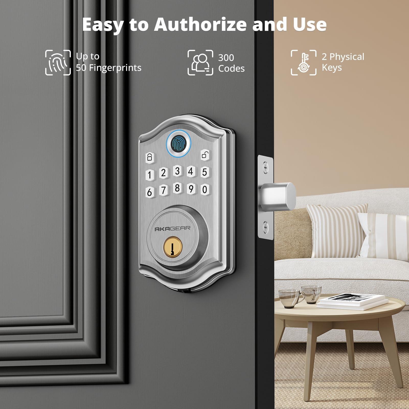 AkaGear DS10 Pro Keyless Entry Door Lock, Fingerprint Door Locks, Electronic Keypad Lock, Smart Deadbolt, Smart Locks for Front Door, Auto-Lock & One Touch Locking with Bluetooth - Satin Nickel - Image 3