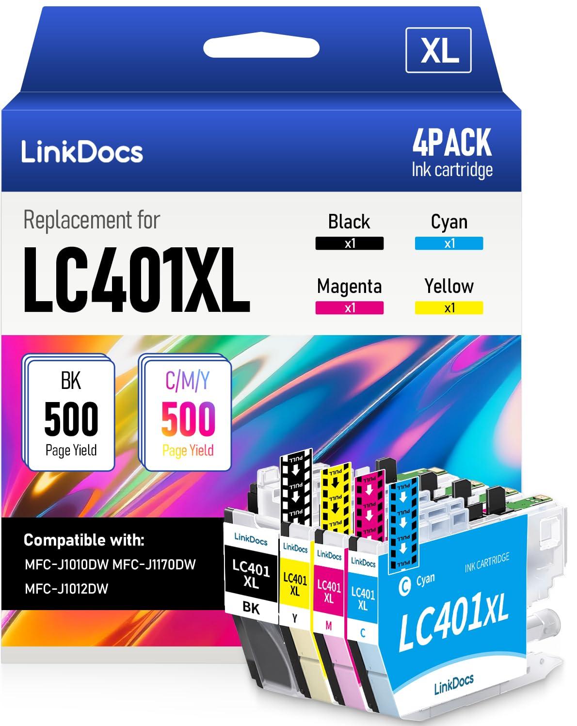 LinkDocs LC401XL Ink Cartridges Compatible Replacement for Brother LC401 LC401XL to Use with MFC-J1010DW MFC-J1170DW MFC-J1012DW DCP-J1800DW J1140DW Printer (Black Cyan Magenta Yellow 4 Pack)