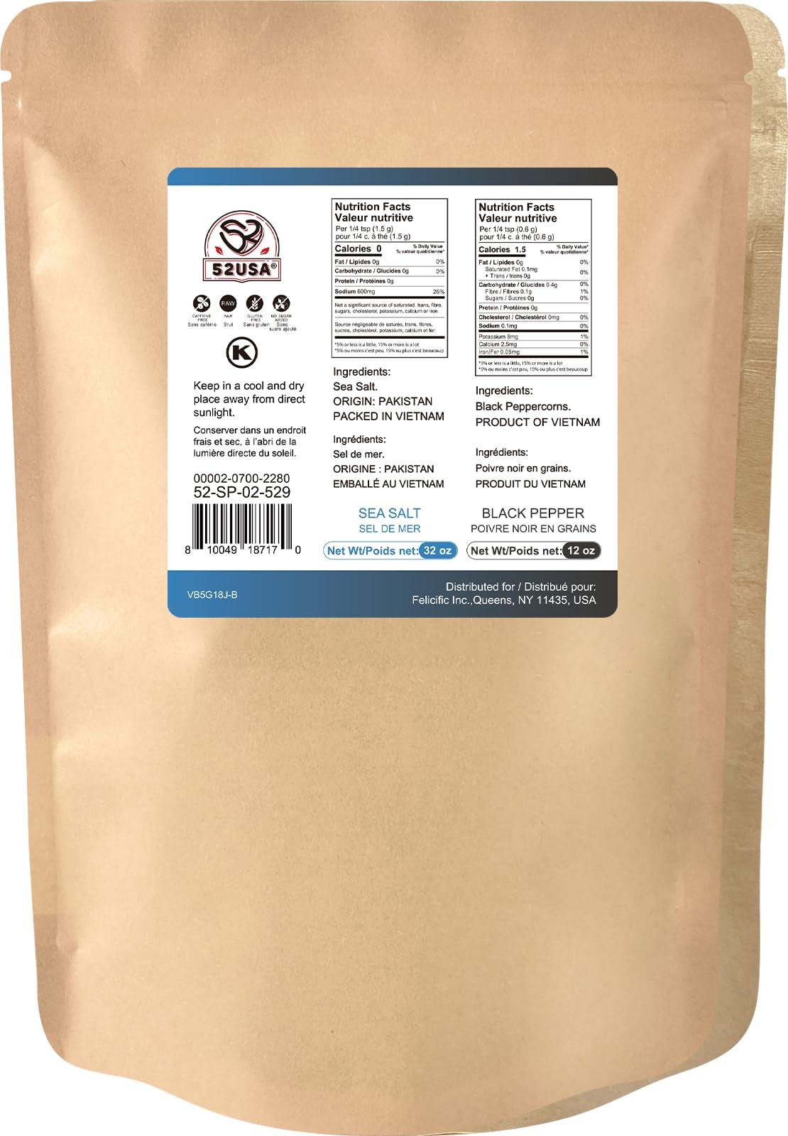 52USA Black Peppercorns 12 oz and Coarse Sea Salt 2 lbs, Salt and Pepper for Grinder Refill, Whole Peppercorns - Image 2