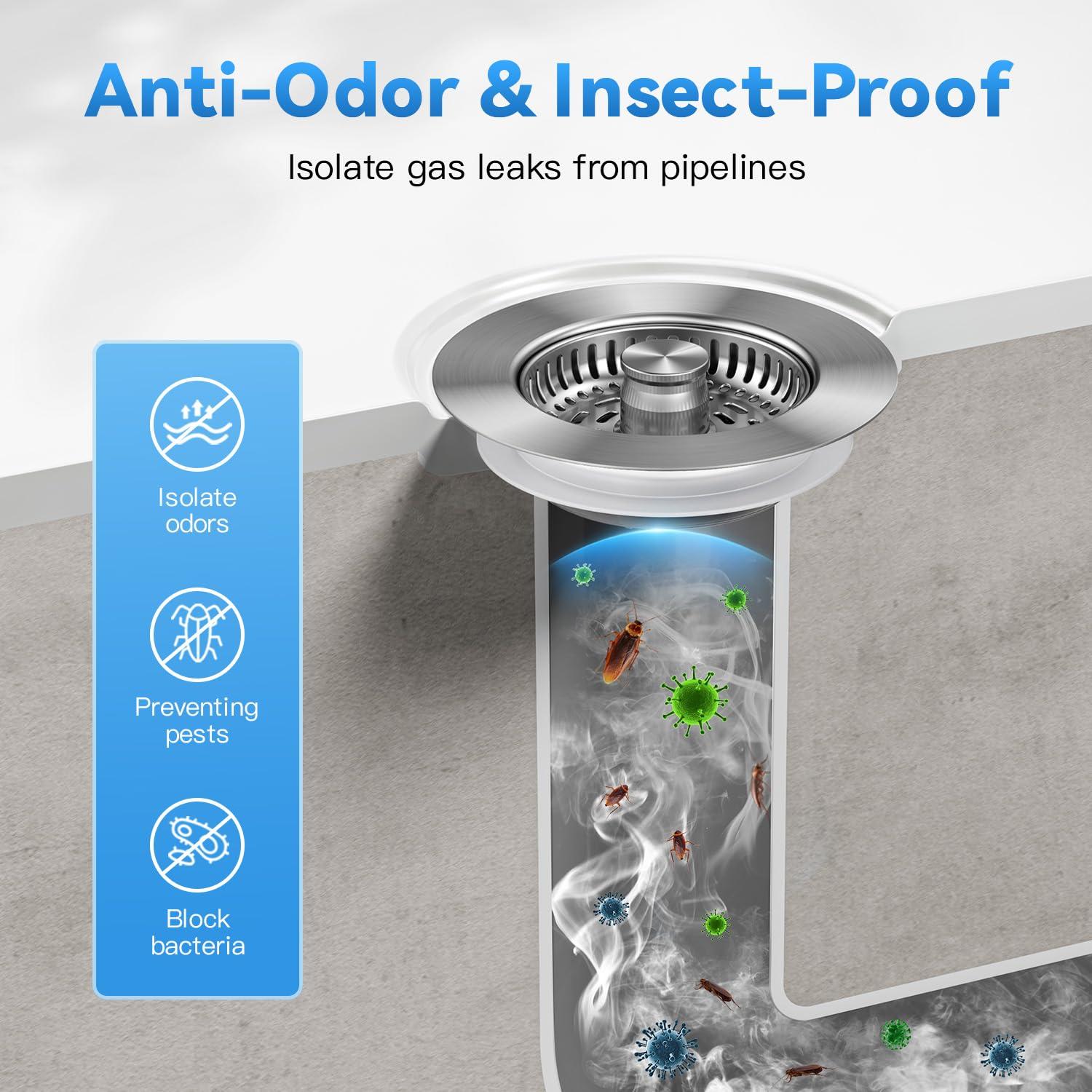 3 in 1 Sink Drain Strainer for Kitchen, 10,000 Tested, Stainless Steel Pop-up Sink Stopper, Anti-Clog Deodorizing Fast Drain Plug, Fits Standard 3.5 in Kitchen Sink Drain Strainer, Upgrade Design - Image 4