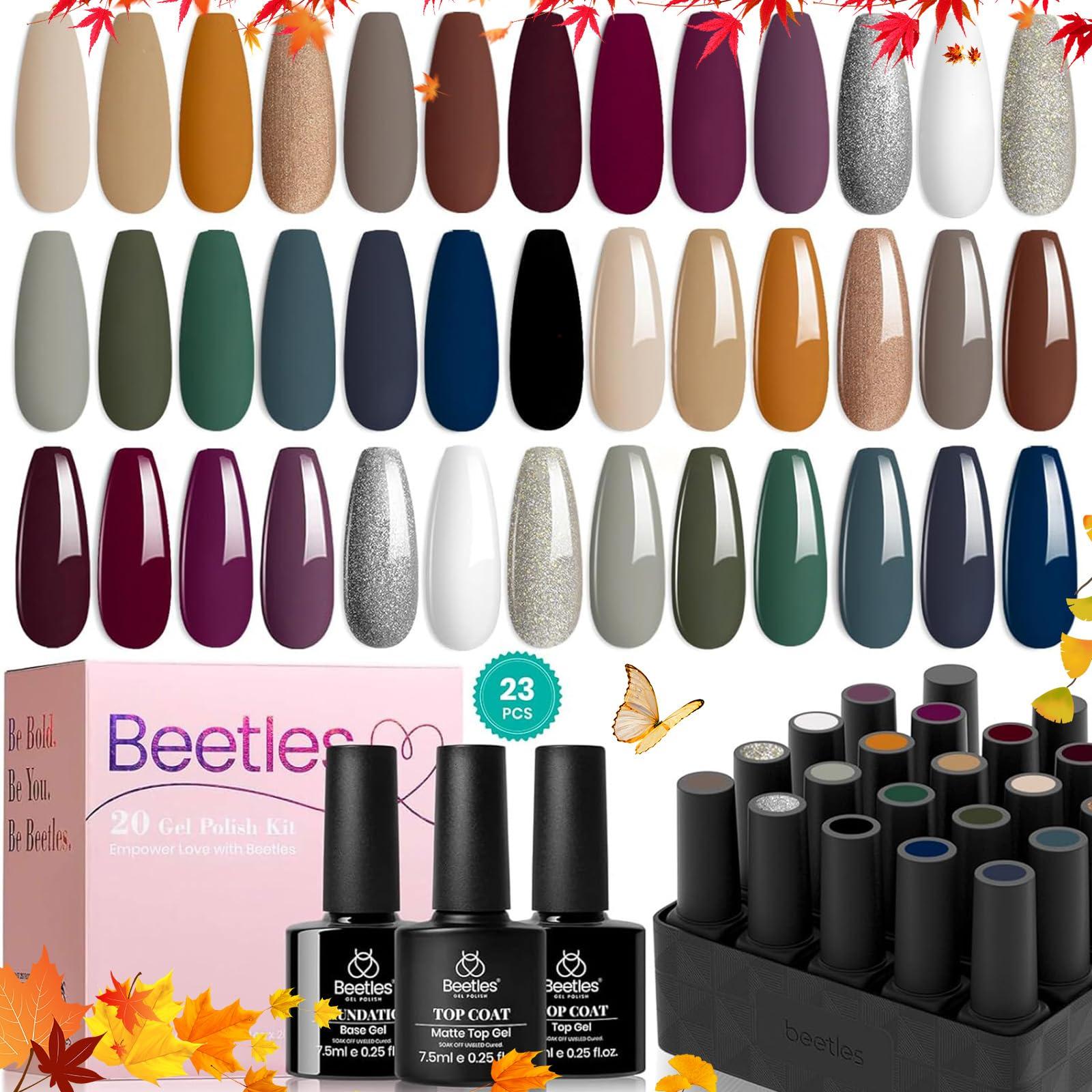 Beetles 23Pcs Gel Nail Polish Set with Base Gel Glossy Matte Top Coat, Gray Brown Burgundy Red Purple Glitter Gel Polish Set Soak Off Uv Gel Nail Kit for Women Industrial Wave Collection - Image 8