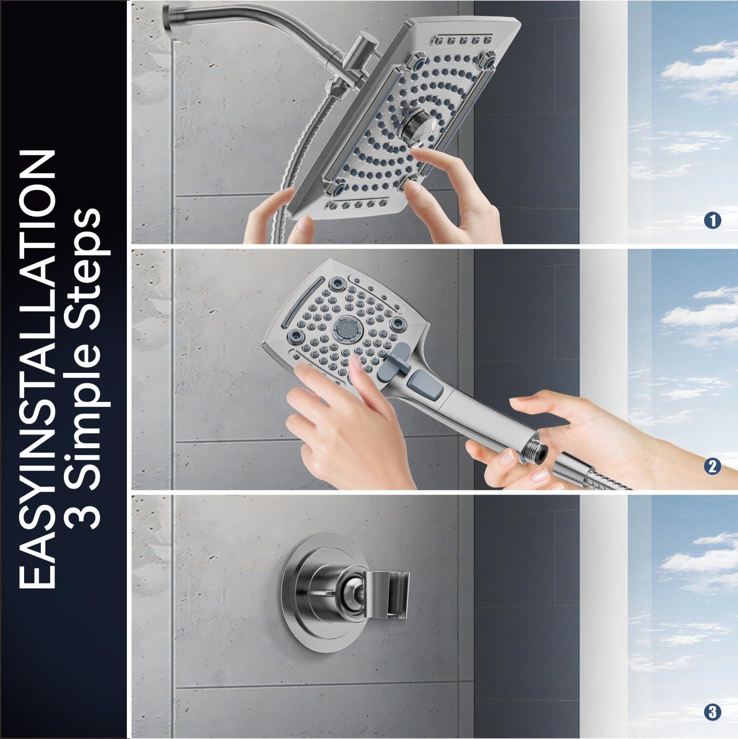 ELLO&ALLO Rain Shower Head with Handheld Spray, Rainfall Shower Head Combo with 60" Hose, Adjustable Dual Showerhead Set with 3-Way Diverter, Brushed Nickel - Image 5