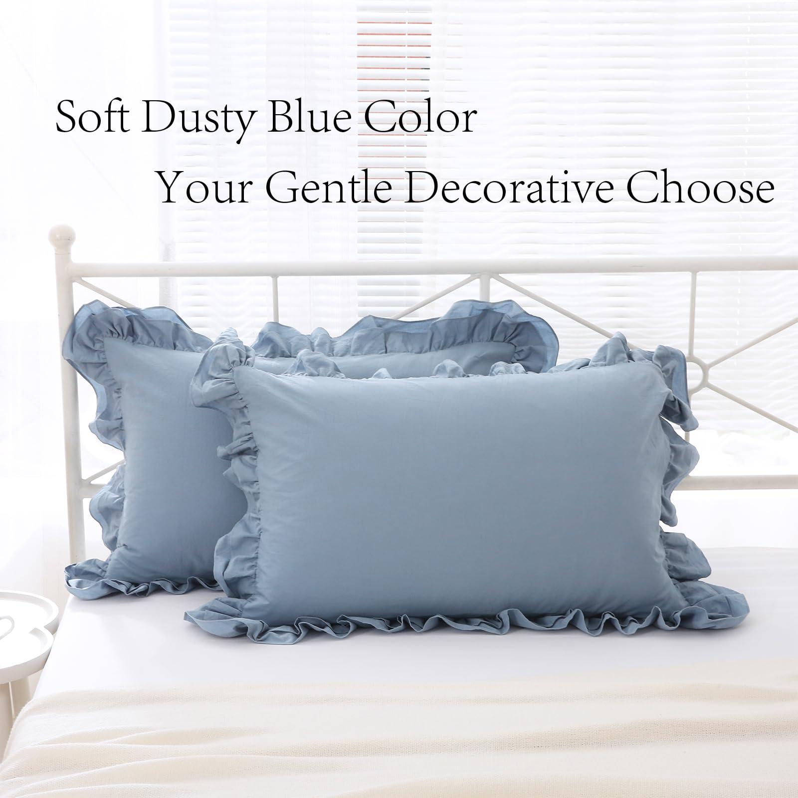 YOKKITA 2 Pack Dust Blue Ruffle Pillow Shams Standard Size 20x26 inches, 100% Cotton French Country Rustic Vintage Shabby and Chic Decorative Bed Pillow Shams (Dust Blue,20x26 inches) - Image 2