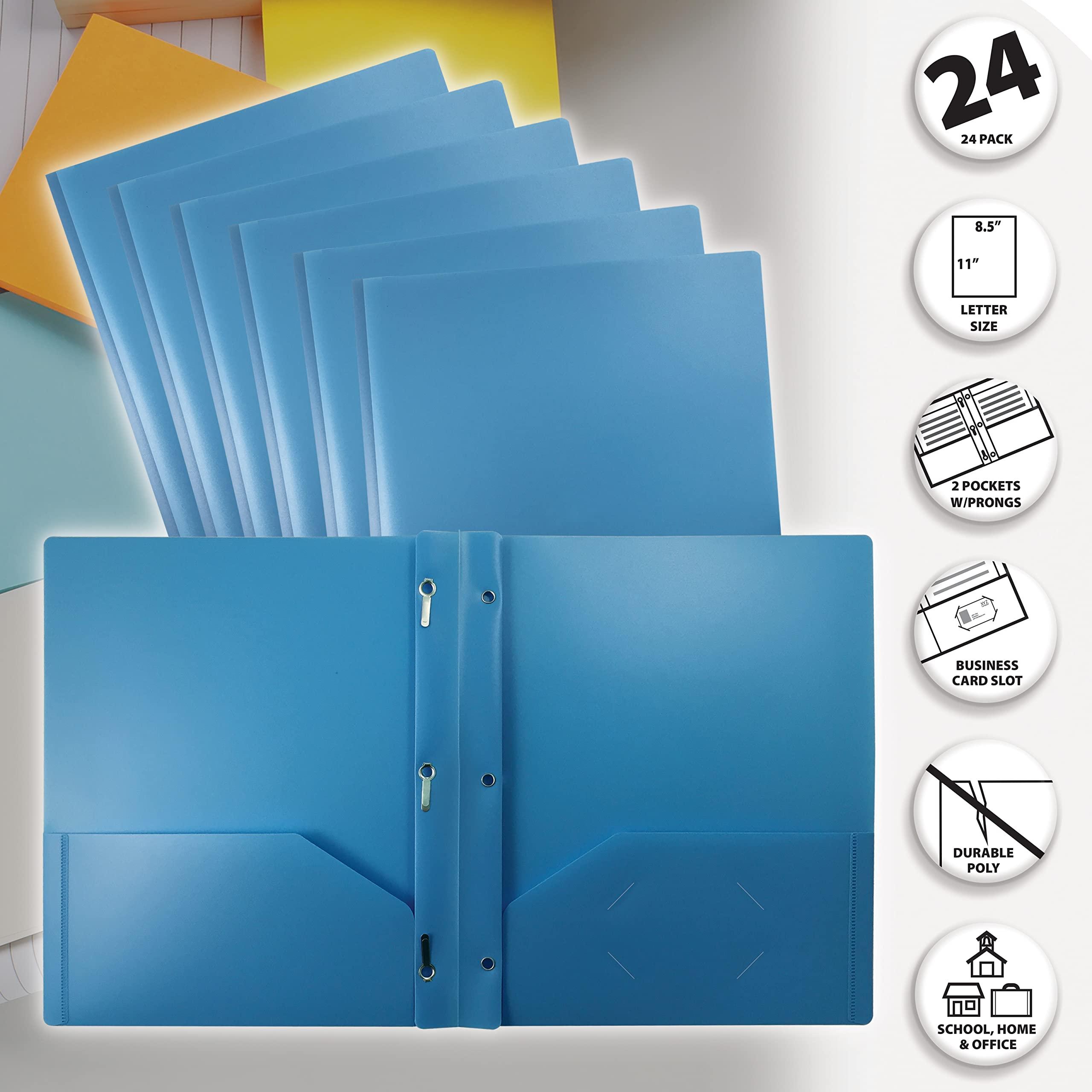 Better Office Products Light Blue Plastic 2 Pocket Folders with Prongs, 24 Pack, Heavyweight, Letter Size Poly Folders with 3 Metal Prongs Fastener Clips, Light Blue - Image 3