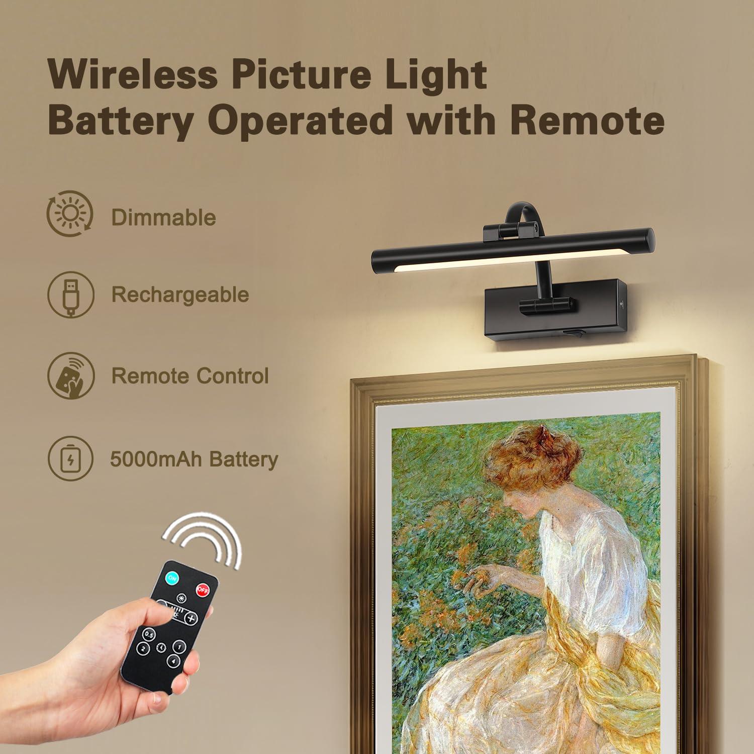 DESOOP Battery Operated Picture Lights for Wall Black Art Light Wireless Gallery Lights with Timer and Remote 12 Inch 2W Warm White - Image 7