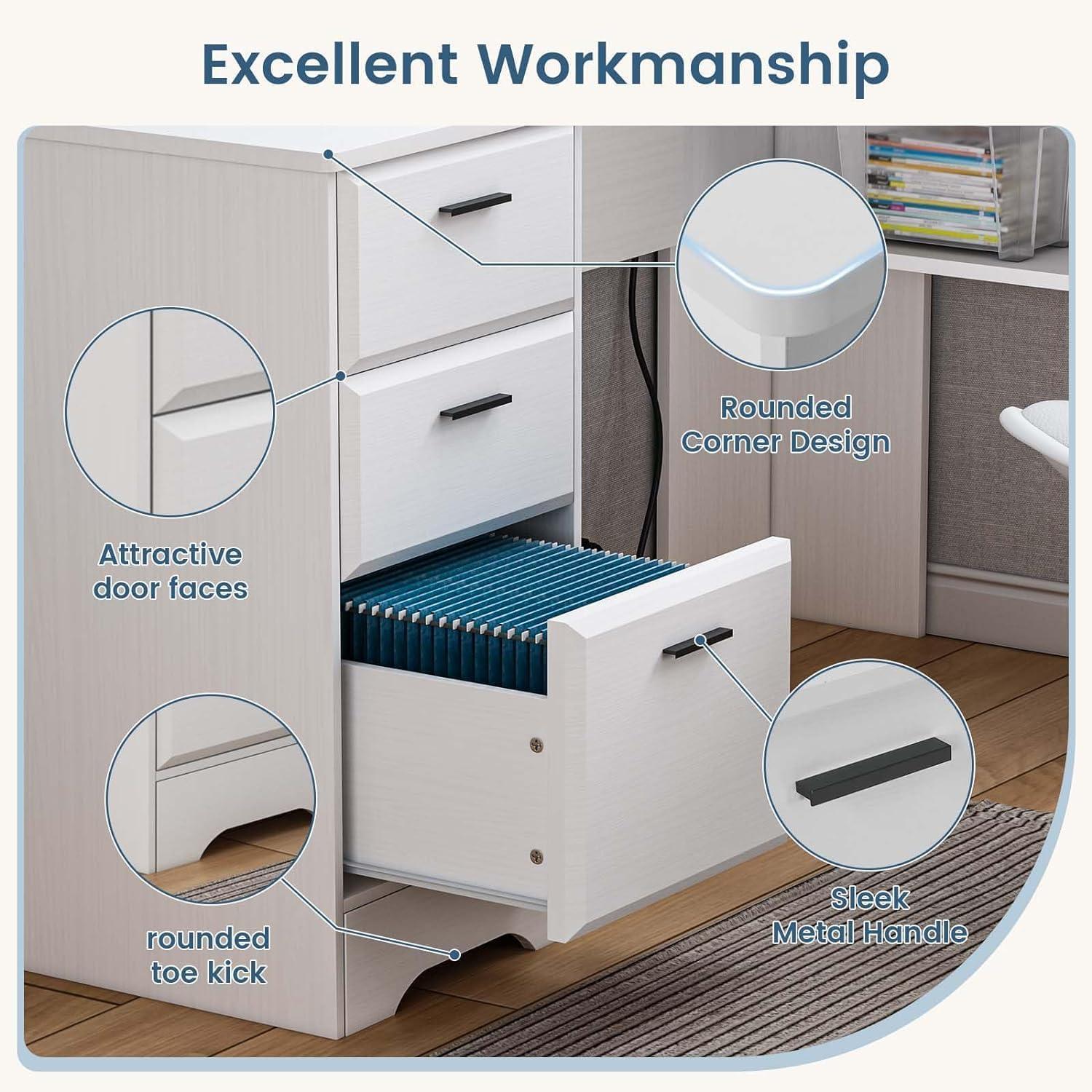 White L Shaped Desk with 3 Drawers, 60 inch Corner Desk with Moveable Hutch and Power Outlet, Large Home Office Corner Computer Desk with Storage File Cabinet - Image 6