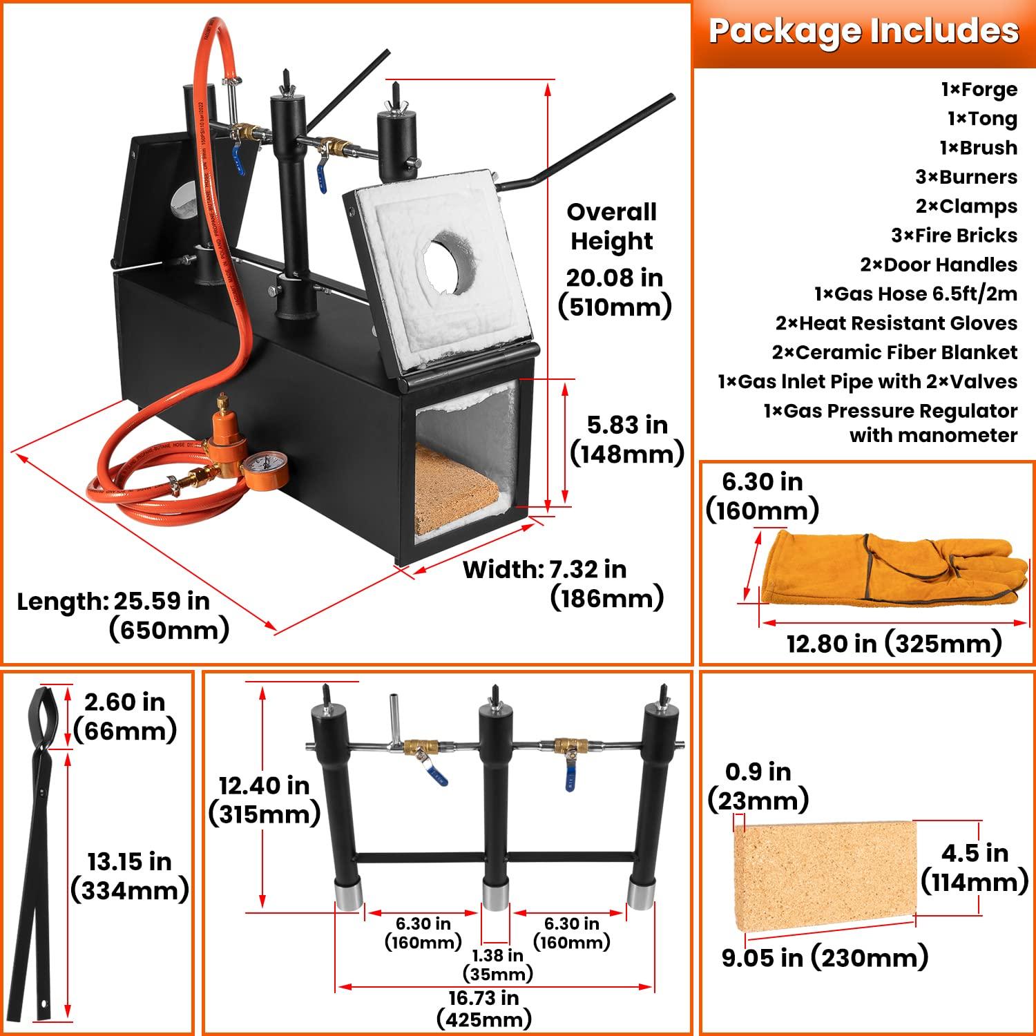 Triple Burners Portable Propane Gas Forge Three Burners 2700°F/1482℃ Large Capacity Square Forging Furnace for Blacksmithing Farrier Knife Tool Making Equipment with Tong & Gloves 2-Doors - Image 7