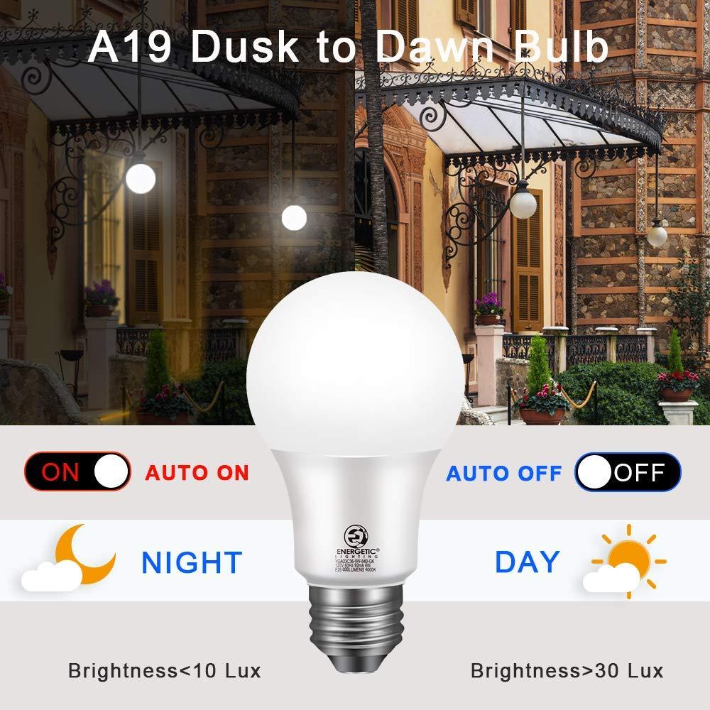 Energetic 4-Pack Dusk to Dawn LED Outdoor Light Bulb, 60 Watt Equivalent(6W), 800LM, Daylight 5000K, E26 Base, Automatic On/Off Sensor Light Bulb for Porch, Hallway, Garage, ETL Listed - Image 3