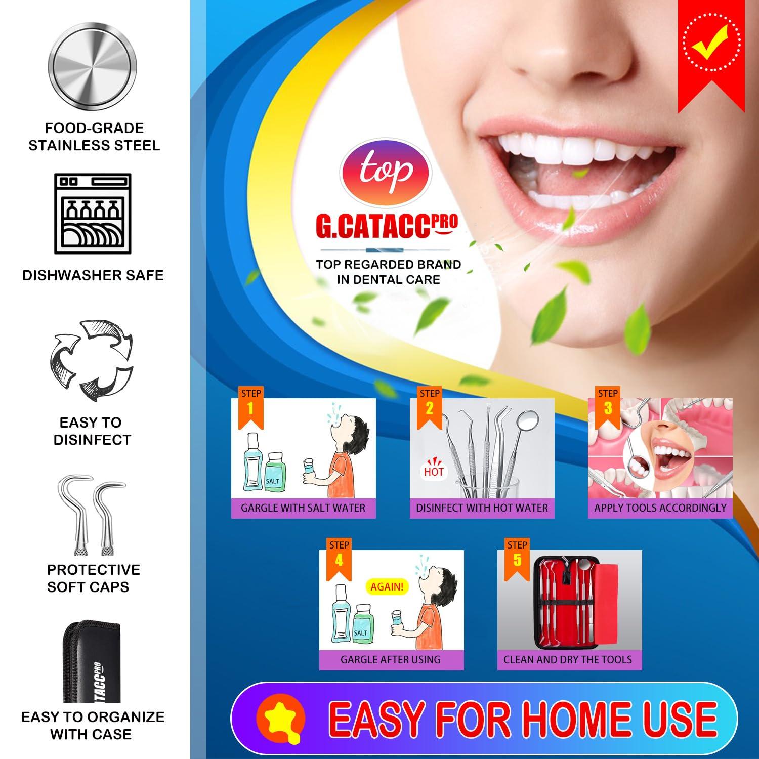 G.CATACC Dental Tools, Dental Pick Teeth Cleaning Tools Hygiene Kit, Plaque Remover for Teeth, Professional Stainless Steel Tooth Scraper Plaque Tartar Cleaner - with Case - Image 4