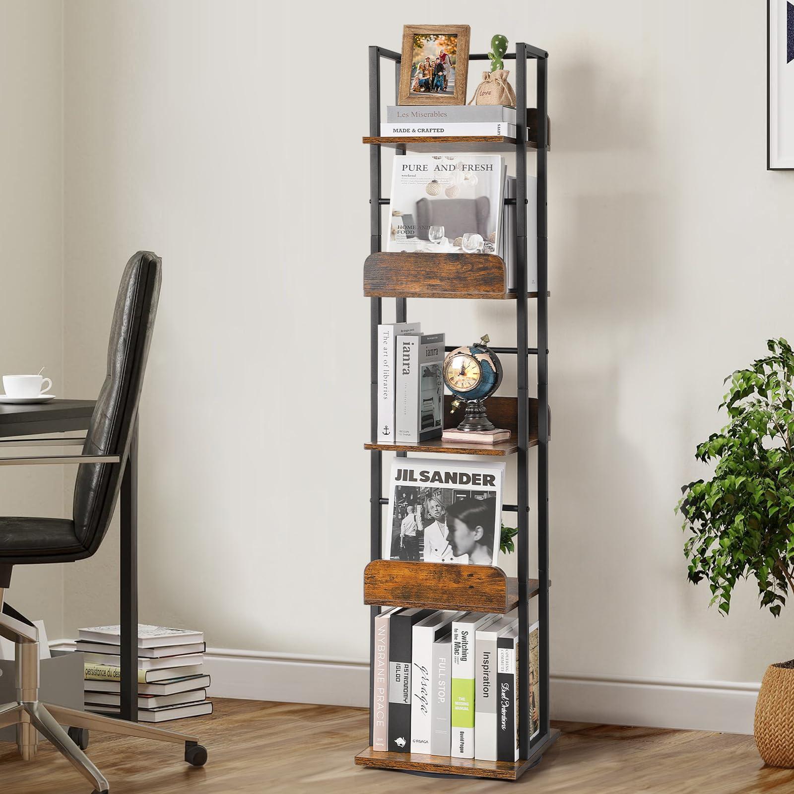 Bikoney Rotating Bookshelf, 360 Display Spinning Bookshelf Tower, 5-Tier Narrow Bookcase, Tall Industrial Book Shelf Organizer, Small Corner Book Shelves for Living Room, Black - Image 8