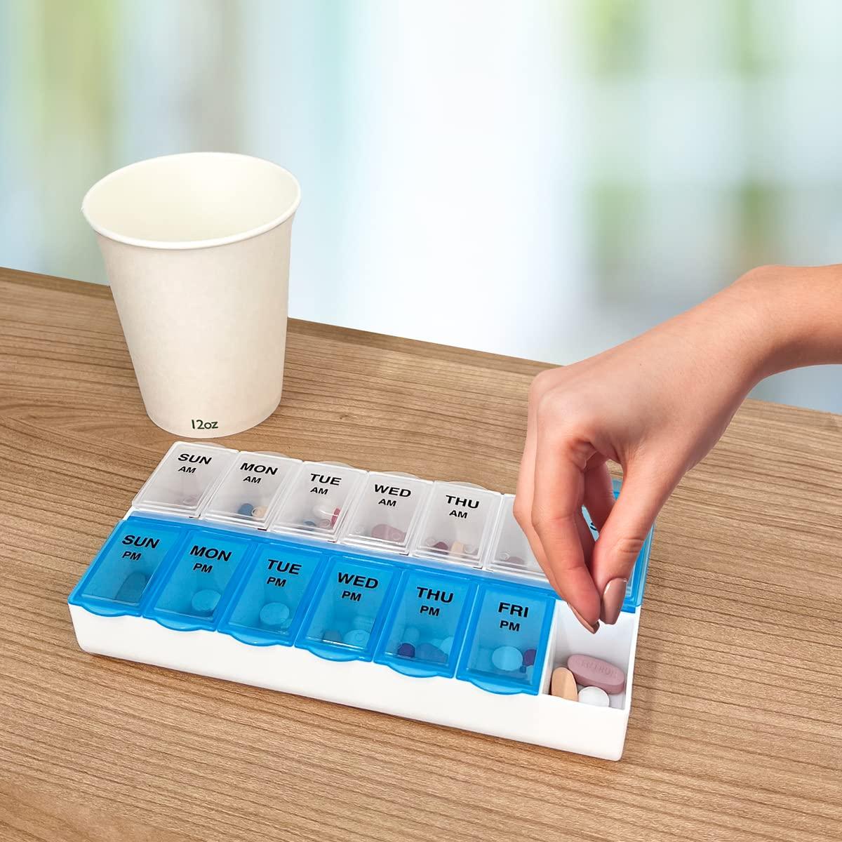 Amazon Basic Care (7-Day) AM/PM Pill Organizer, Vitamin Case, And Medicine Box, Large Compartments, 2 Times a Day, Blue and Clear Lids - Image 6