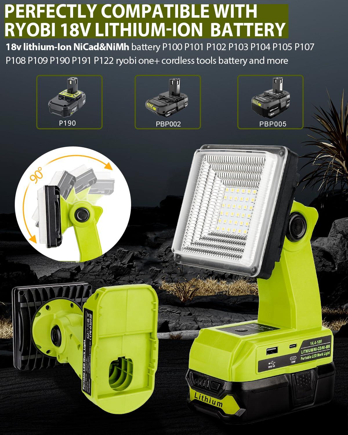 Adisipsoarin Cordless LED Work Light for Ryobi 18V Battery, 25W LED Floodlight with USB-A&USB-C 2.1A Fast Charging Ports for Jobsite, Car Repairing, Camping, Emergency - Image 3