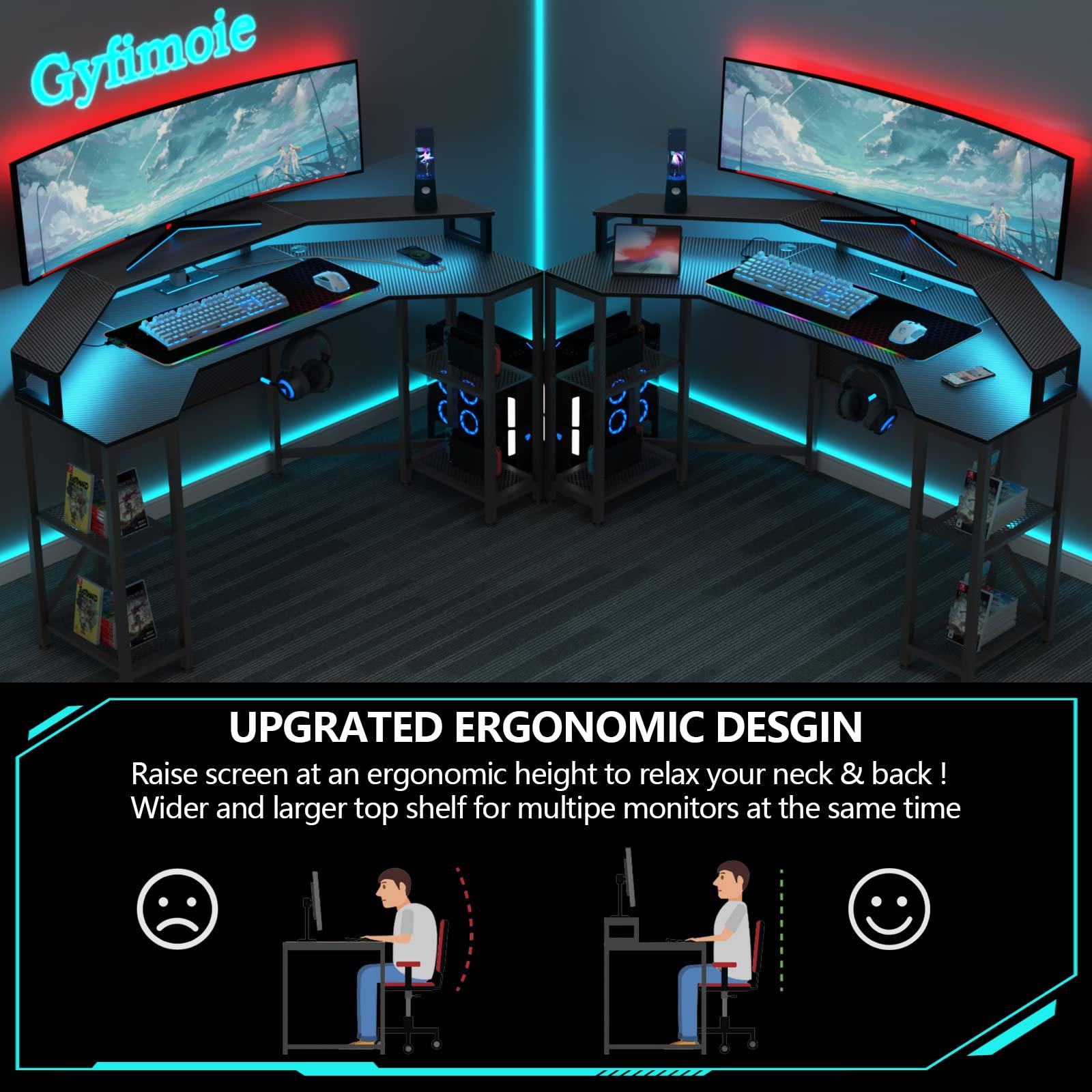Gyfimoie 63" Computer Desk with Power Outlet & LED Light, Wing-Shaped Gaming Desk with Shelves, Full Monitor Stand,Wireless Charging,RGB Mouse Pad,Headphone Hook, Home Office Desk (Black) - Image 7