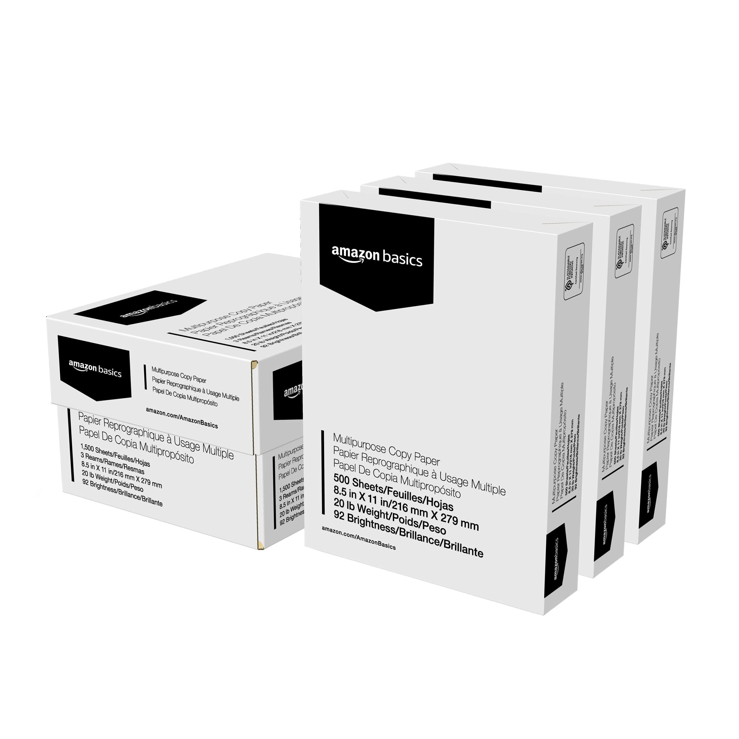 Amazon Basics Multipurpose Copy Printer Paper, 20 lb, 92 Bright, 8.5" x 11", White, 3 Reams, 1500 Sheets