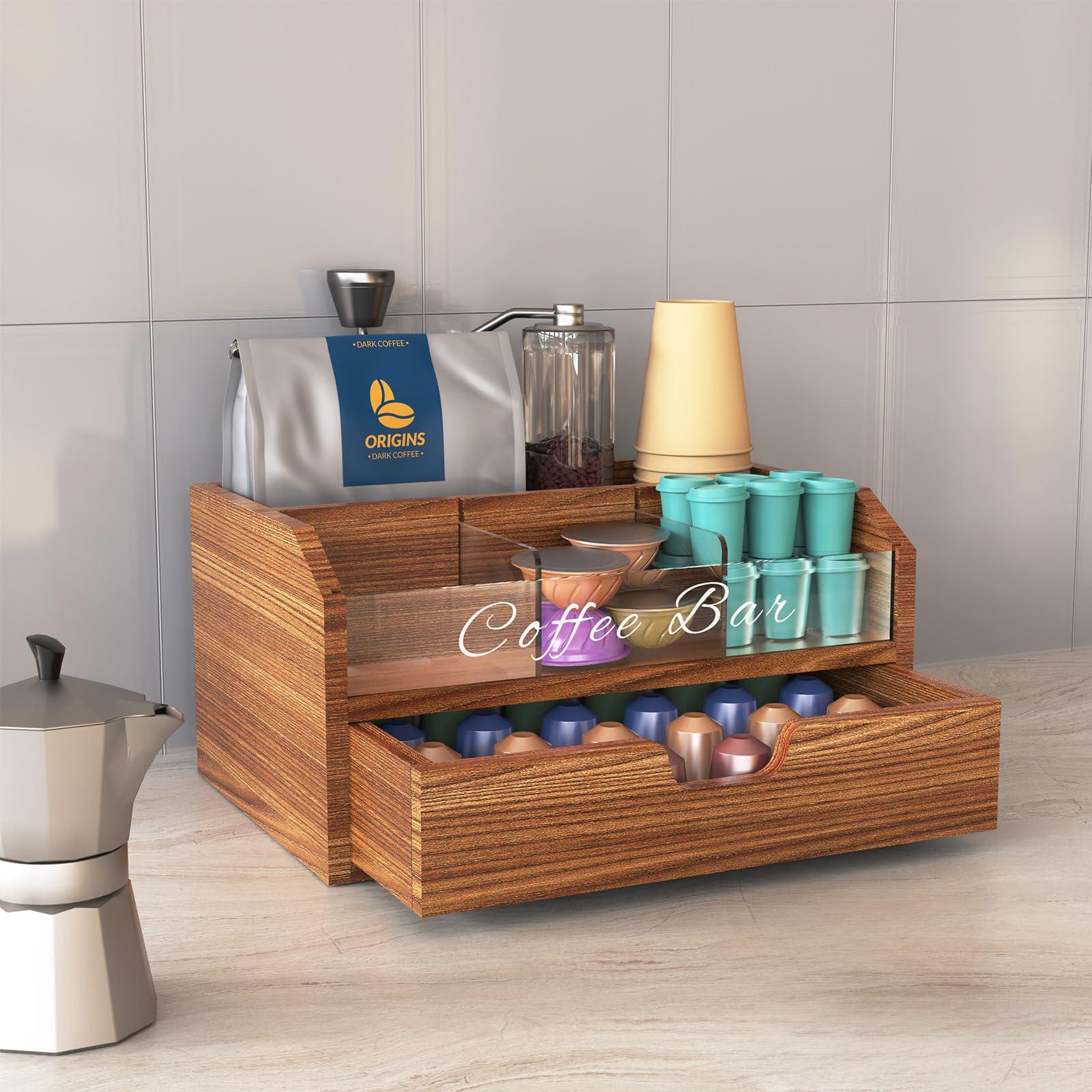 NiHome Solid Wood & Acrylic Coffee Station Organizer with Storage Drawer, Multi-Purpose Adjustable Compartments Coffee Pod Holder for Home, Office, Hotel, Kitchen Counter Storage for Tea, Sugar, Cups - Image 5