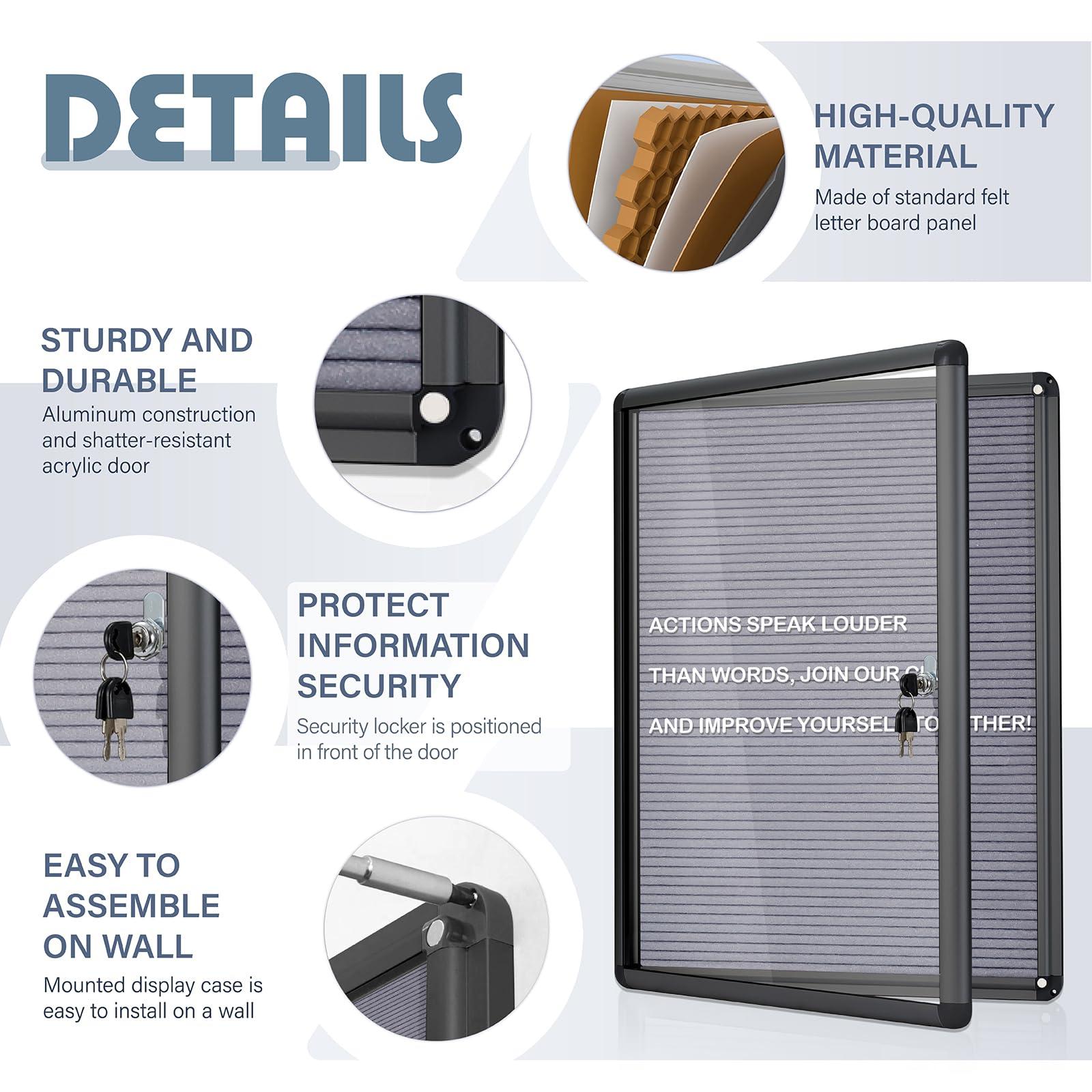 Enclosed Changeable Letter Board Sign 38x28 in, Message Board with Locking Door -Ideal for Office, School, Store, Community Center, Wall Mount, Aluminum Frame, Grey - Image 4