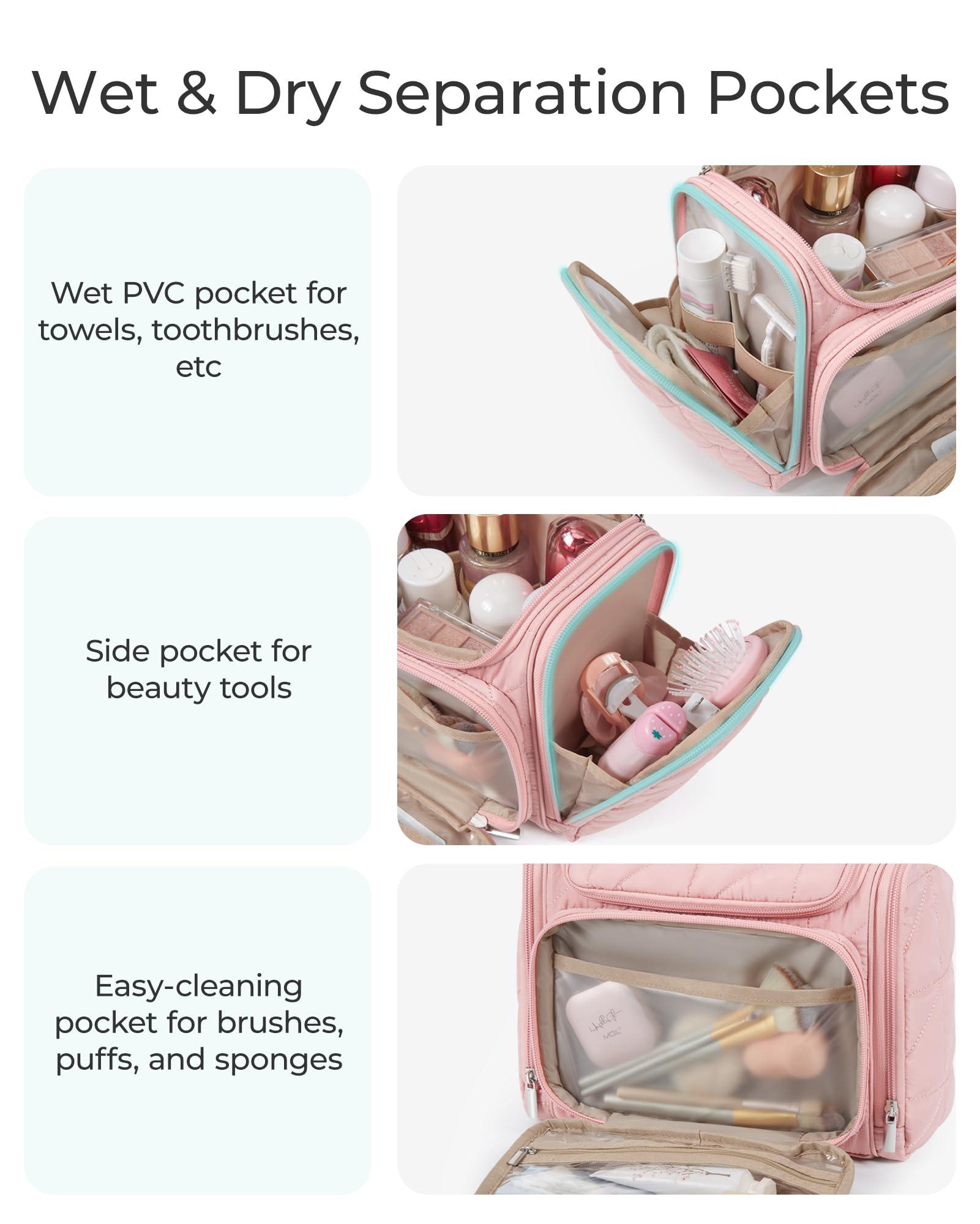 BAGSMART Toiletry Bag Travel Bag with Hanging Hook, Water-resistant Lightweight Puffy Makeup Bag Large Wide-open Travel Bag for Women Travel Organizer for Accessories, Cosmetics, Toiletries, Beige - Image 5
