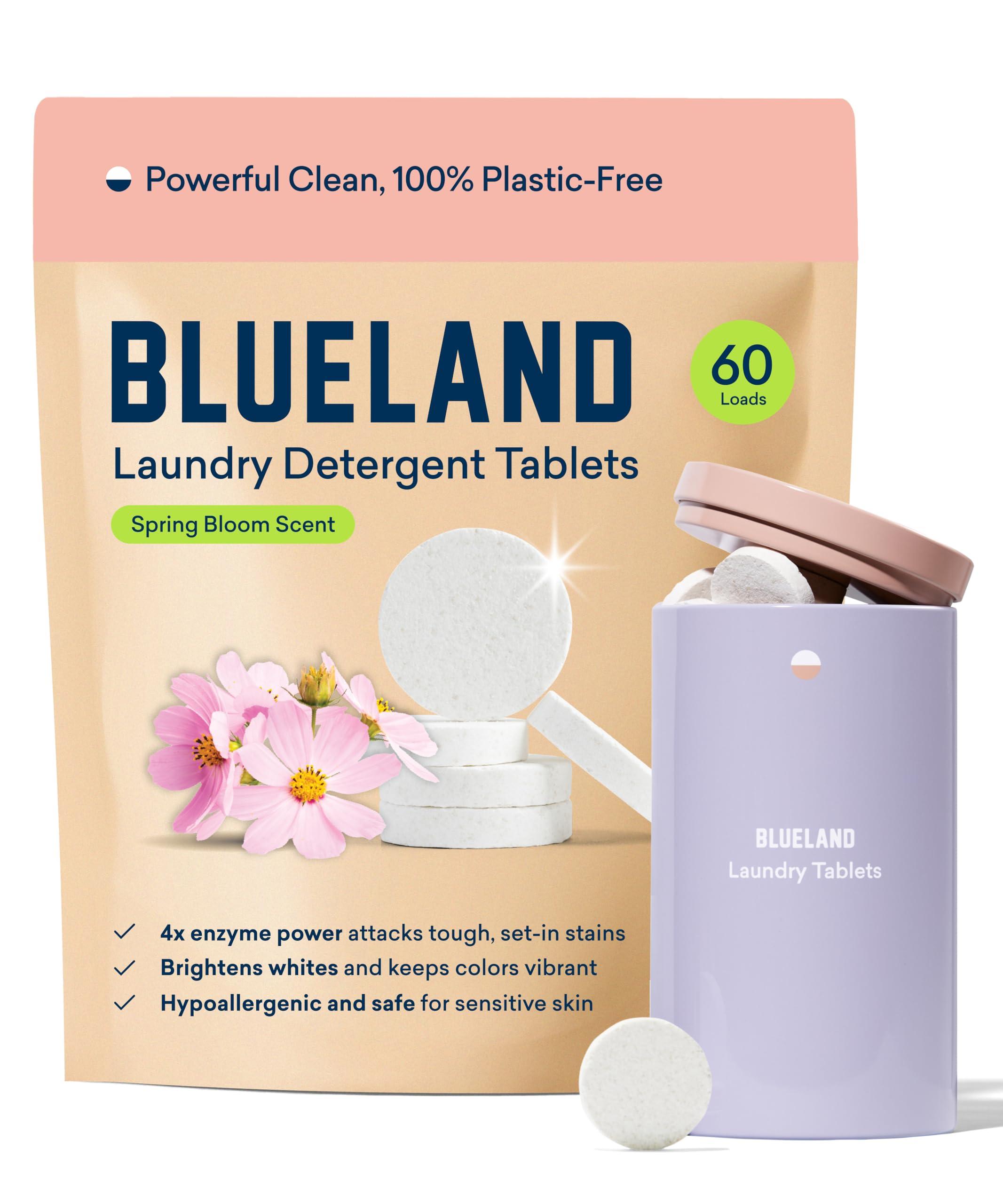 BLUELAND 100% Plastic-Free Laundry Detergent Tablets, Starter Set, 60 Count with Tin, Spring Bloom Scent, Plastic-Free Eco-Friendly Pods, Sheets, Liquid Alternative - Natural, Gentle, Non Toxic