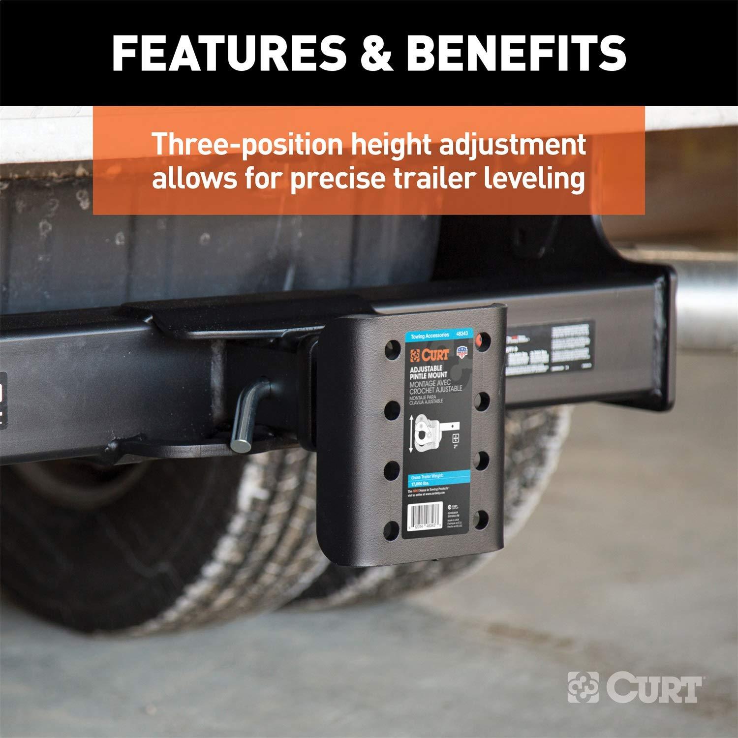 CURT 48343 Adjustable Pintle Mount for 2-Inch Hitch Receiver, 17,000 lbs, 7-1/4-Inch Height, 6-Inch Length - Image 5
