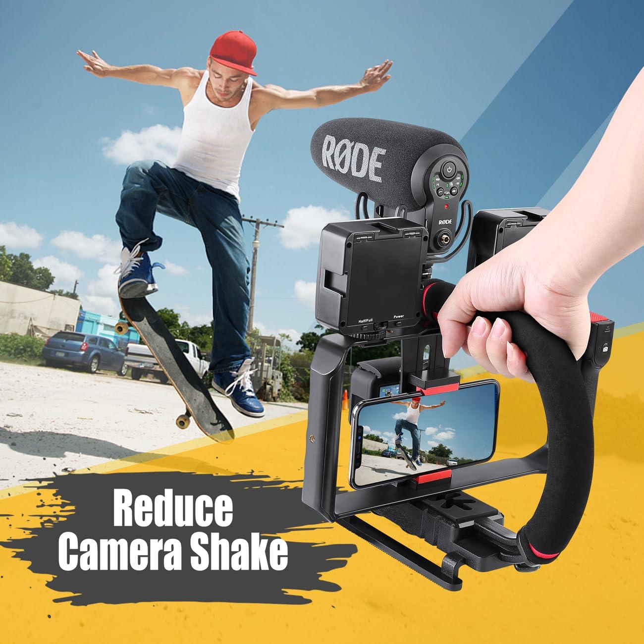 Zeadio Camera Handheld Stabilizer with Smartphone Video Cage Rig, Triple Cold-Shoe Handle Grip Compatible with All Camera Action Camera DSLR Smartphone - Image 2