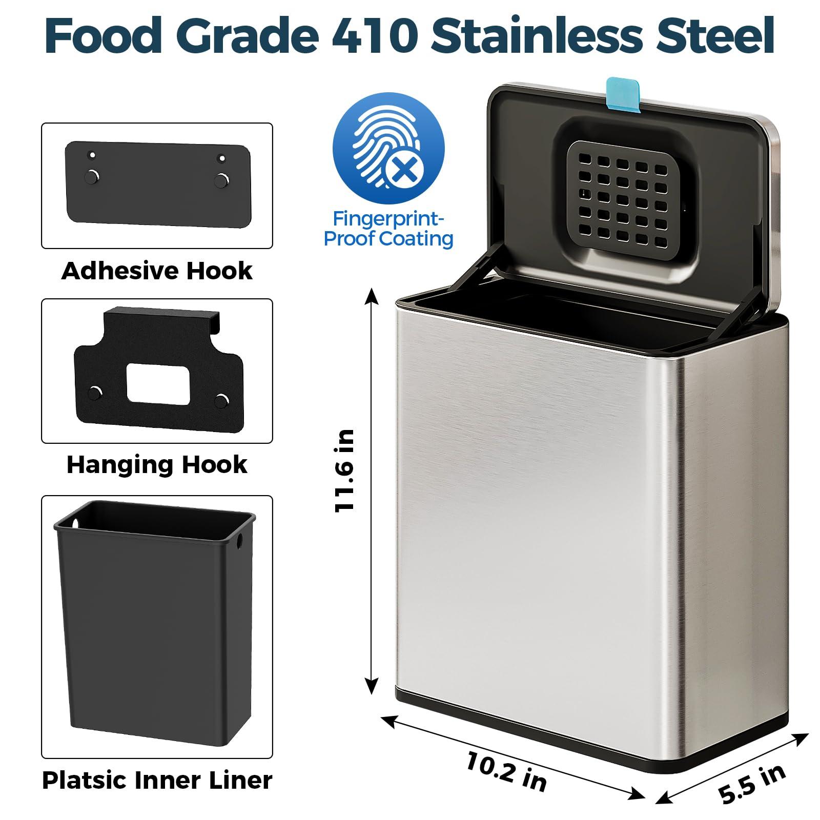 LINSSEN Stainless Steel Hanging Trash Can with Lid and Inner Bucket, 2 Gallon Kitchen Compost Bin for Counter Top, Under Sink or Wall Mount, Small Garbage Can for Cupboard/Bathroom/Bedroom/RV - Image 6