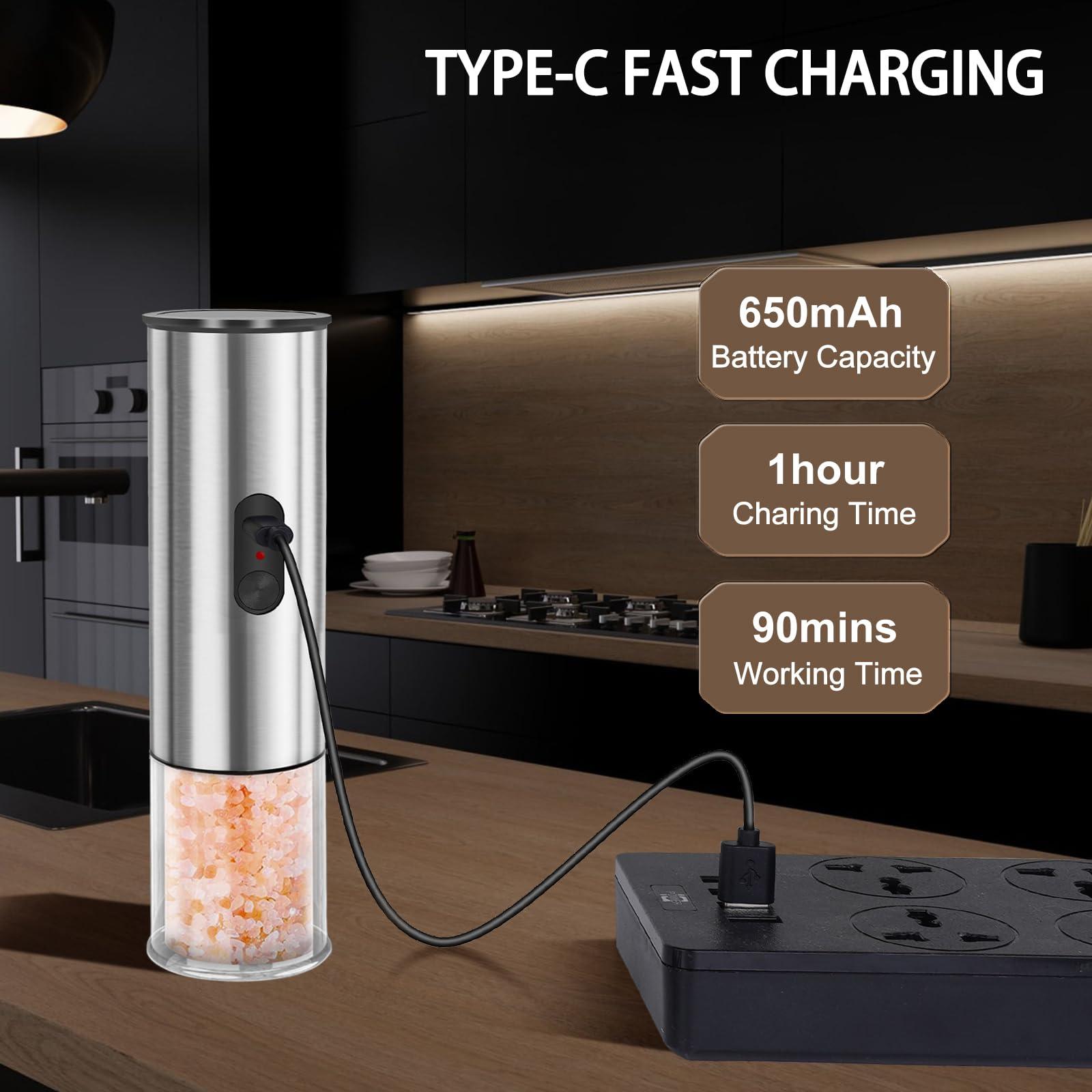 Enutogo Electric Salt and Pepper Grinder Set, Rechargeable Salt and Pepper Shakers Refillable, Automatic Pepper Mill with Adjustable Coarseness, One Hand Operation with LED light, Stainless Steel - Image 4