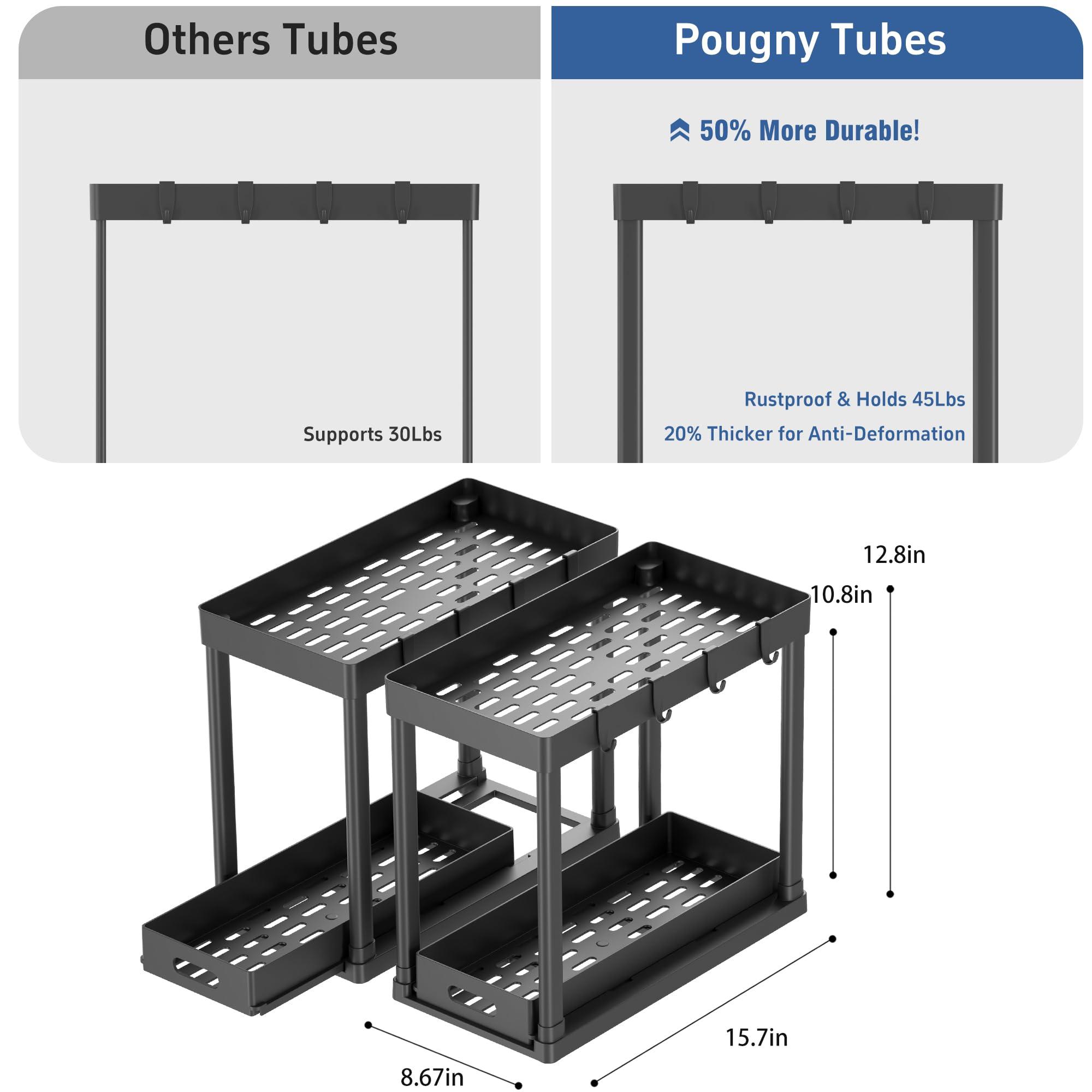 POUGNY 2PC Under Sink Organizer Rack 2 Tier Under Sliding Cabinet Basket Organizer Drawer with 4 Hooks, Multi-purpose Under Sink Storage for Bathroom Kitchen Desktop（Black） - Image 2