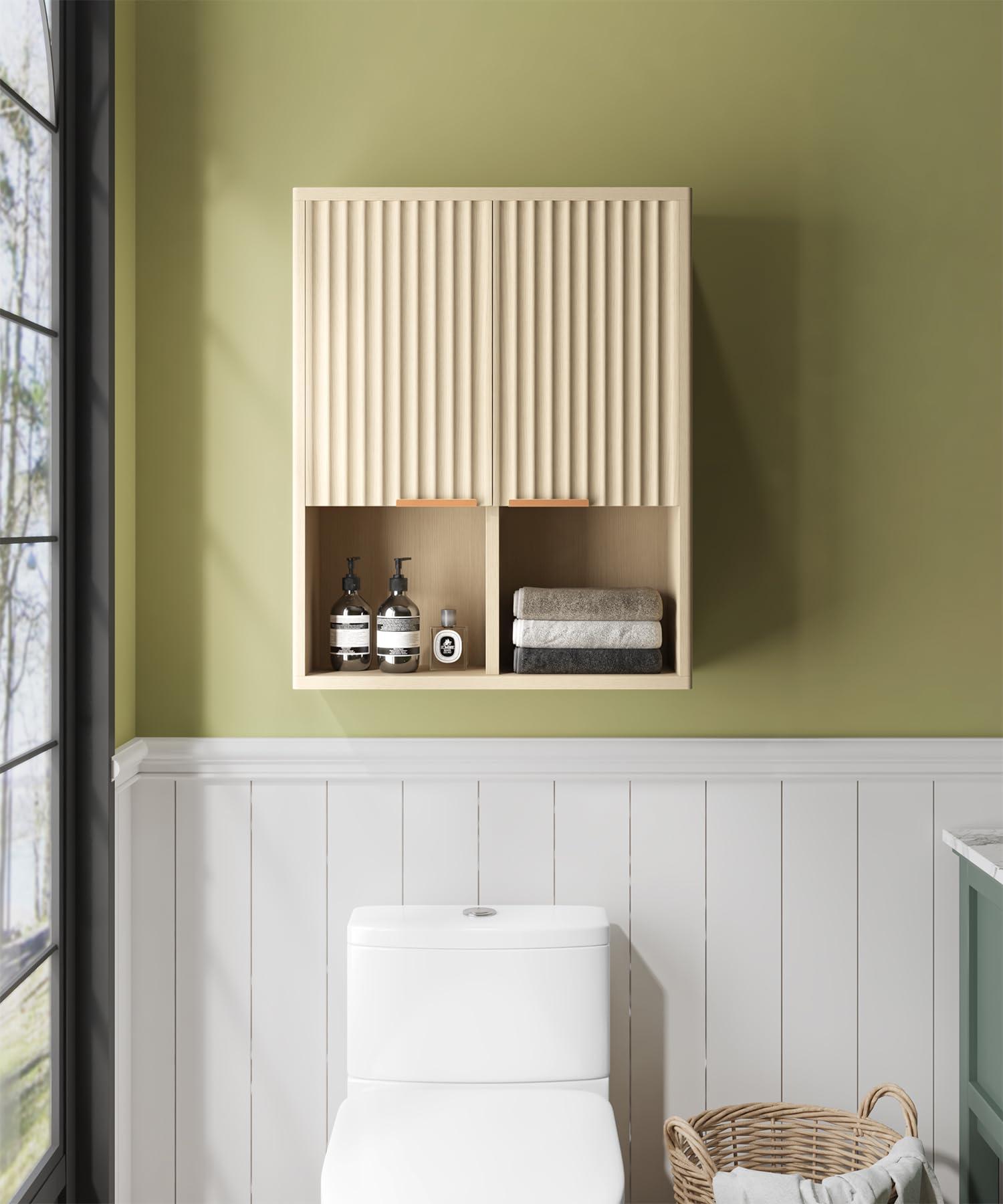 HAIOOU Fluted Bathroom Wall Cabinet with Motion Sensor Light, Curved Profile Wooden Medicine Cabinet Wall Mounted Cupboard, Wave Like Over Toilet Storage Cabinet with Buffering Hinges - Natural - Image 2