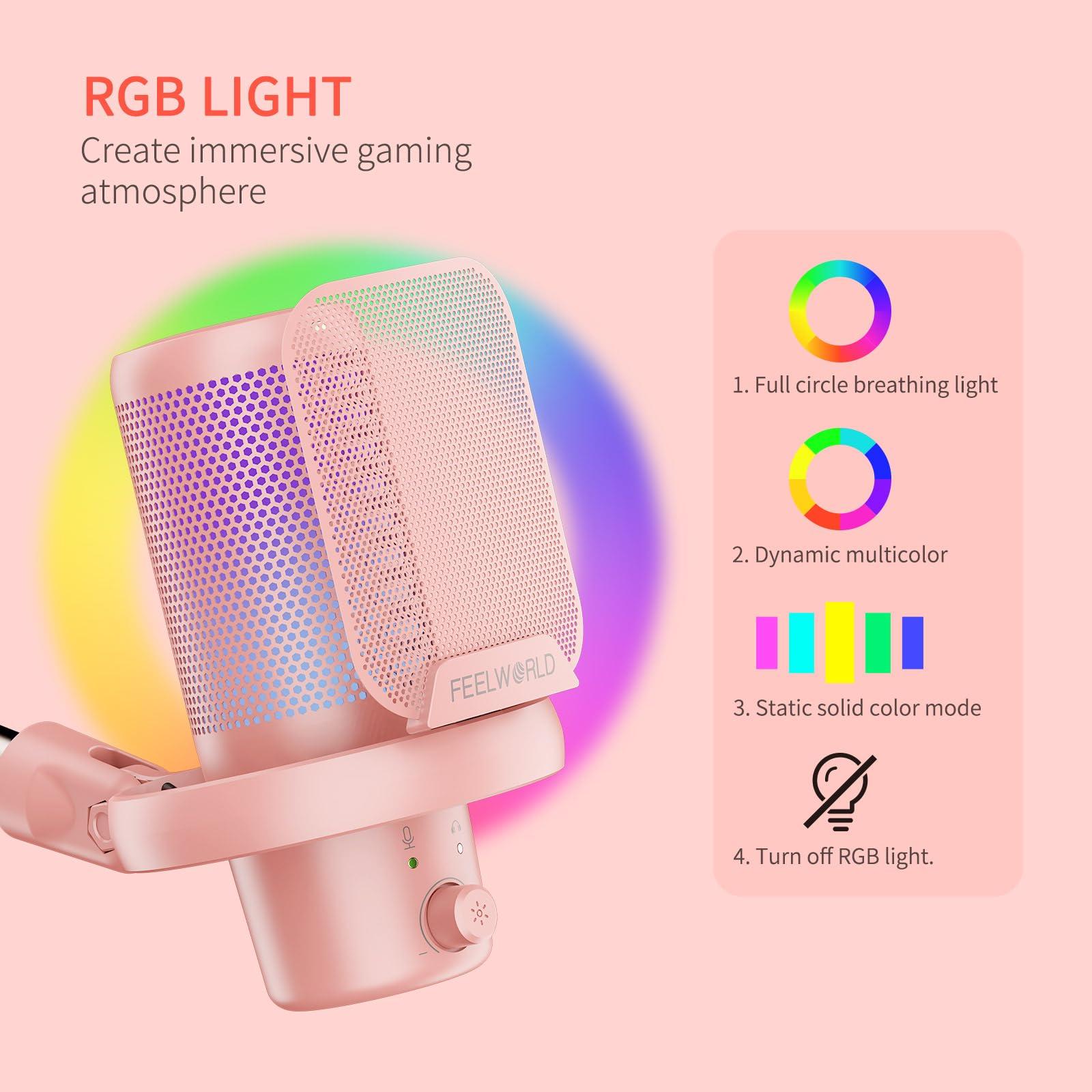 FEELWORLD VM1 Pink Gaming PC USB Microphone Condenser Mic with Noise Cancellation Mute RGB Light, Computer Accessories Gifts for Gamer YouTube Twitch Podcast Streaming Recording Online Chat PS4 PS5 - Image 4