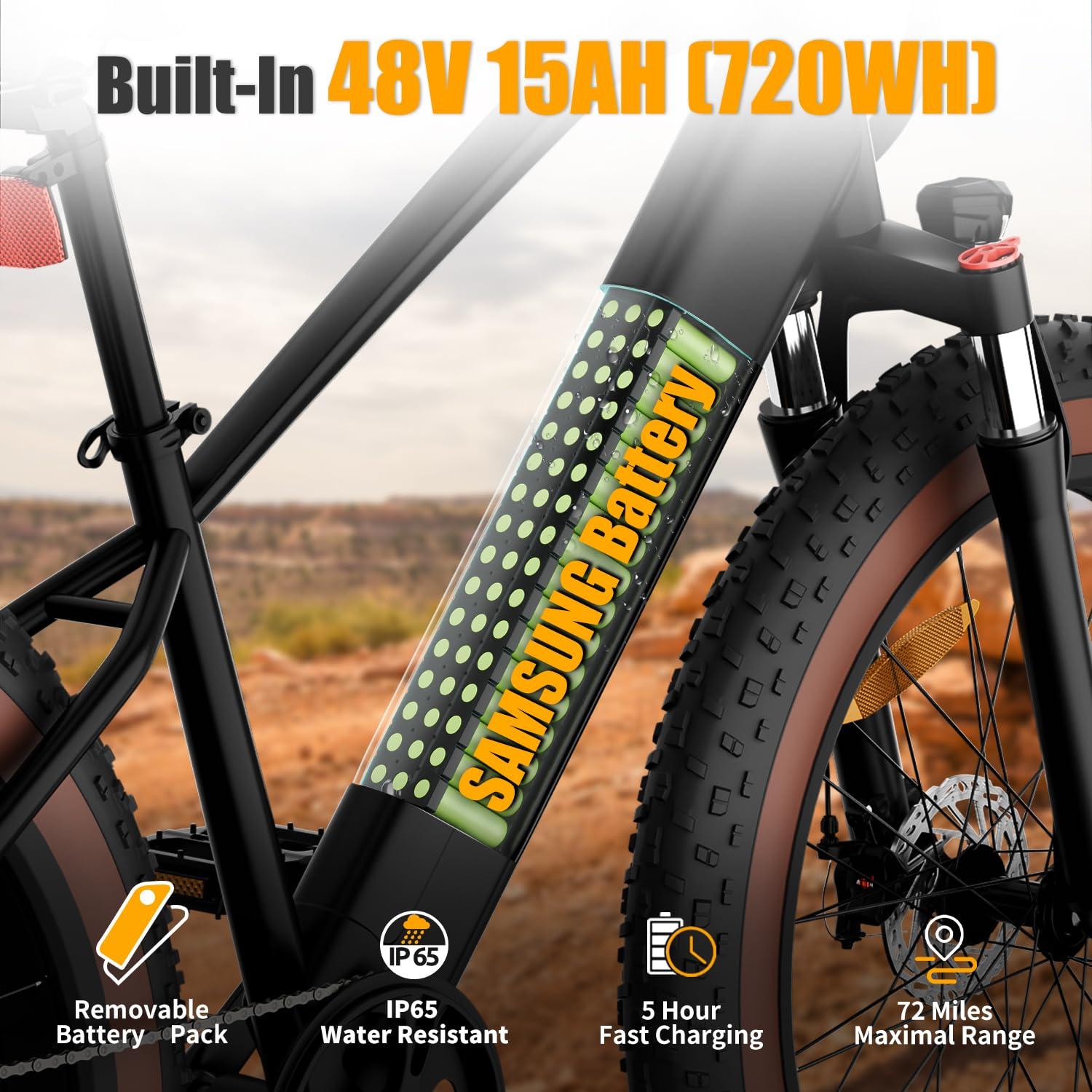 Luckeep Electric Bike for Adult 1500W Peak, 48V 720WH Removable Battery, 72 Miles 28 MPH, 26" Electric Mountain Bike with Hydraulic Suspension, 7-Speed,UL Certified Commute Fat Tire Mountain Ebikes - Image 3