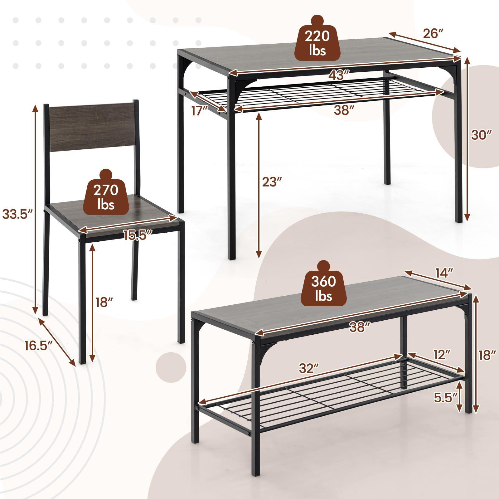 COSTWAY 4 Pieces Dining Table Set, Kitchen Table and 2 Chairs for 4 with Bench, Storage Racks, Metal Frame & Space-saving Design, Industrial Kitchen Table Set for Small Space, Apartment (Black & Grey) - Image 3