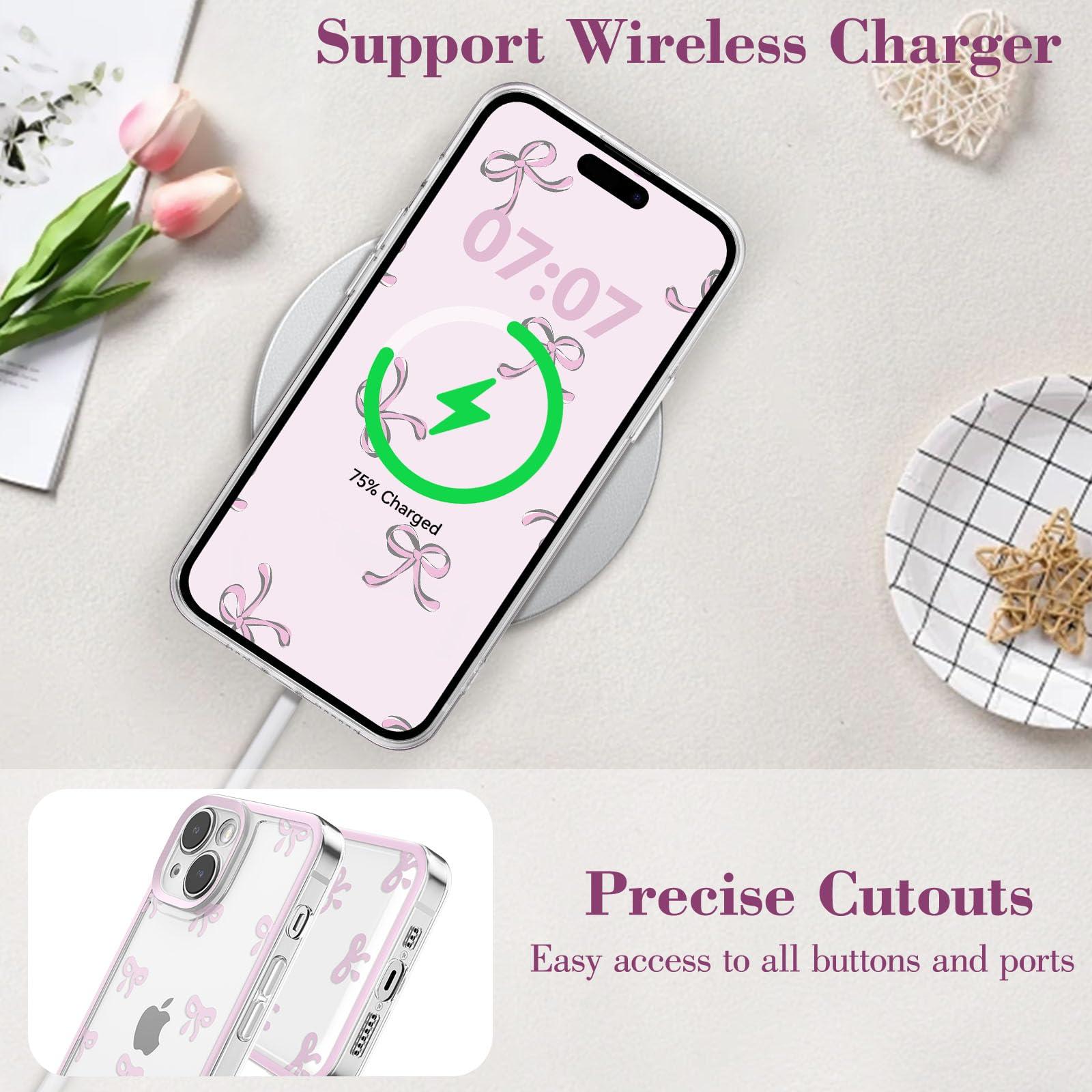 EYZUTAK Case for iPhone 13, Clear Cute Ribbon Bowknot Pattern Aesthetic Transparent Phone Case Raised Camera Protection Stylish Slim Soft Durable TPU Protective Cover for Women Girls - Pink - Image 5