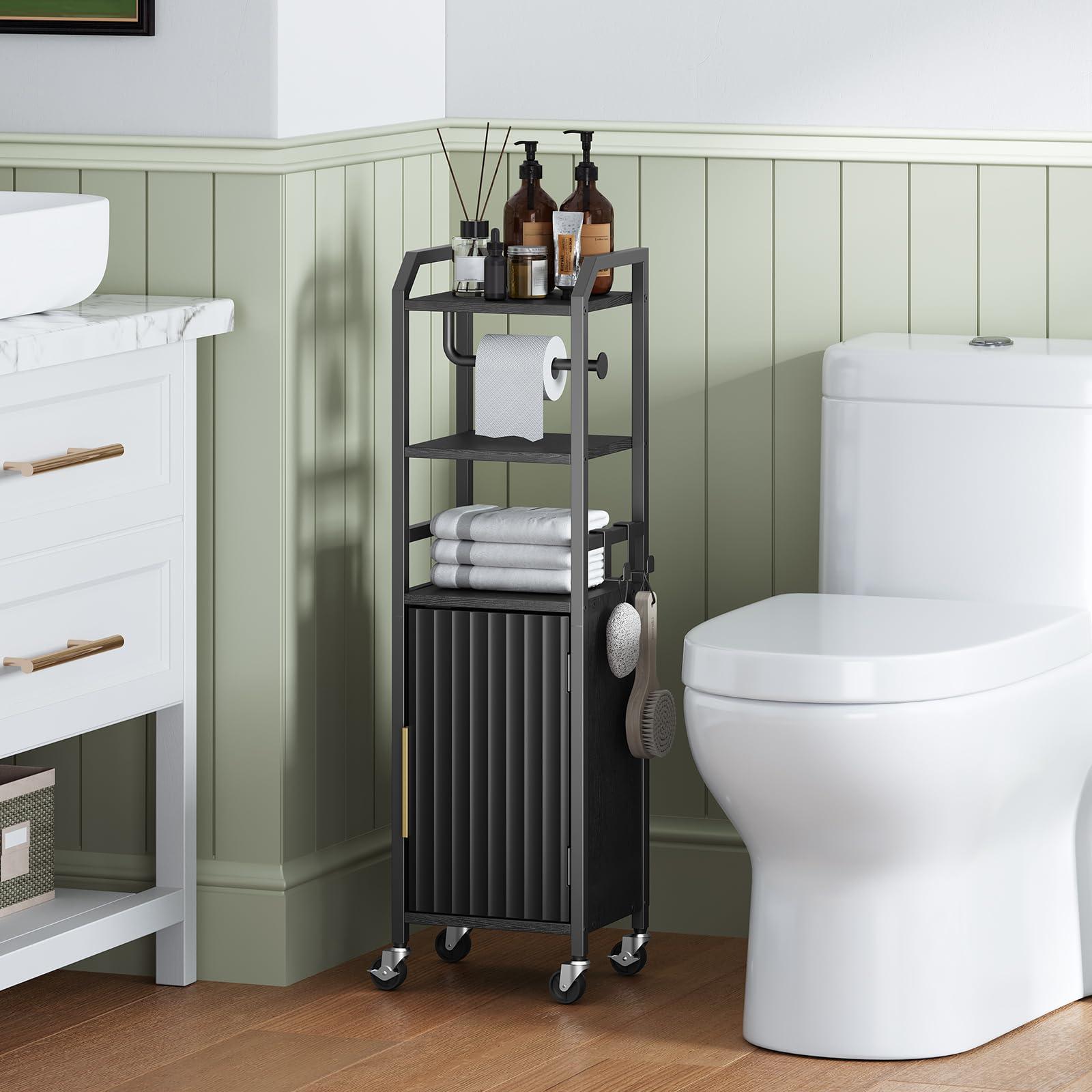 MAHANCRIS Small Bathroom Storage Cabinet, Slim Corner Floor Cabinet with Wheels, Narrow Bathroom Organizer with Adjustable Shelf, Toilet Paper Storage Cabinets, for Small Spaces, Black - Image 2
