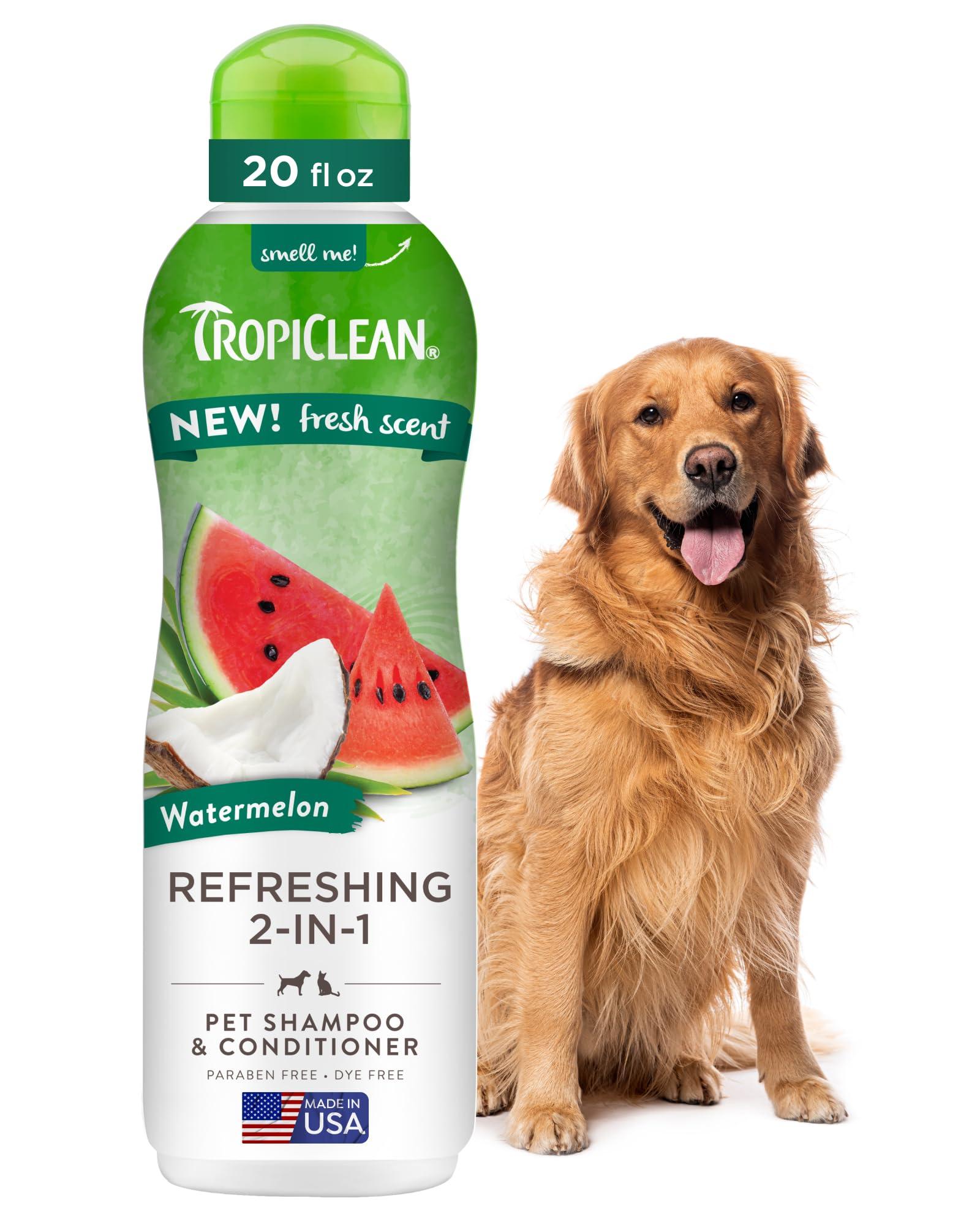 TropiClean 2-in-1 Dog Shampoo and Conditioner, Moisturizing Dog Detangler, Puppy Safe, Made in the USA, Watermelon Scent, Cat & Kitten Safe, 20oz.