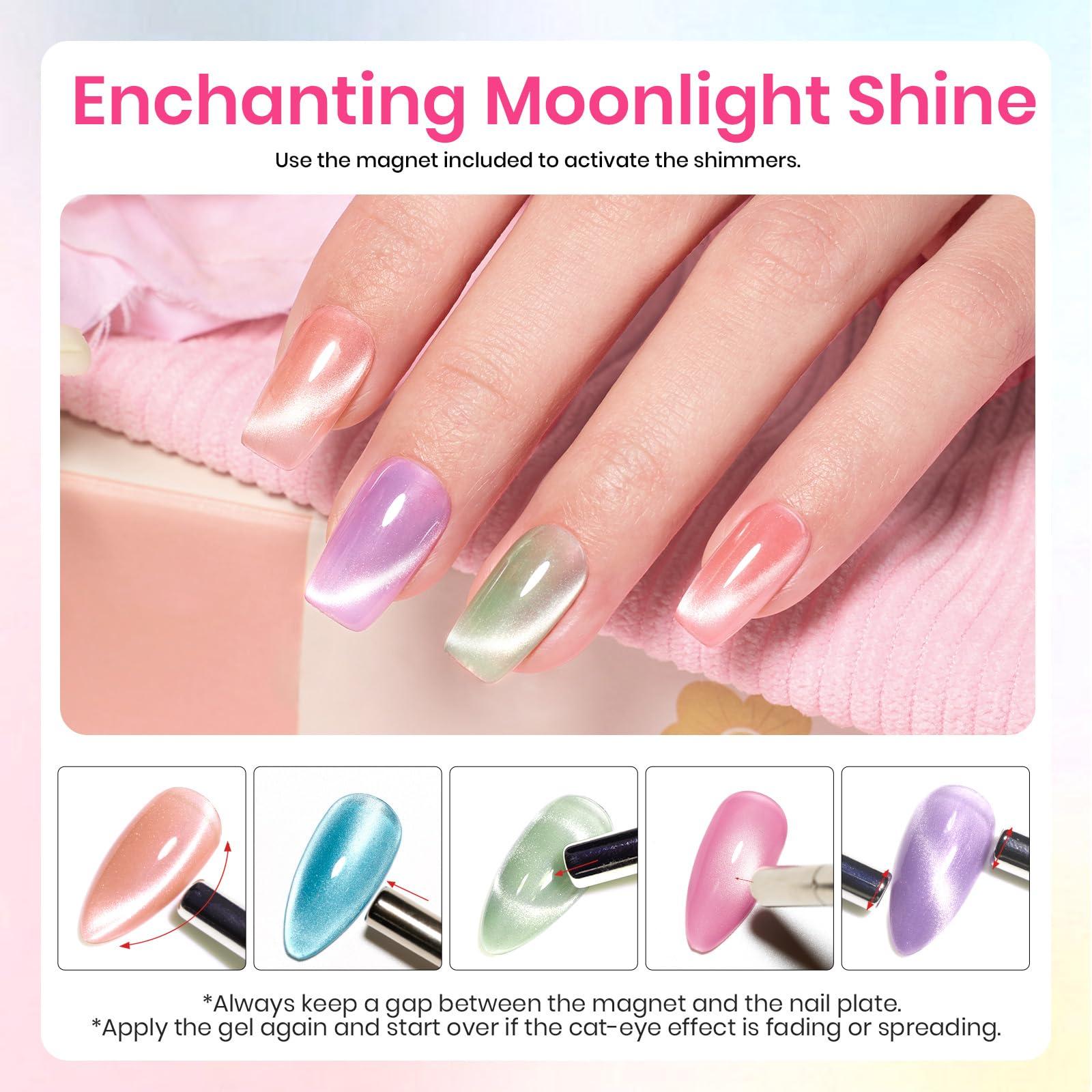 Beetles Cat Eye Gel Nail Polish Set, 6 Colors Pastel Shimmer Glitter Gel Polish Kit Soak Off LED UV Curing Requires Pink Red Blue Orange Green Purple Velvet Gel with Magnet Gift for Women - Image 4