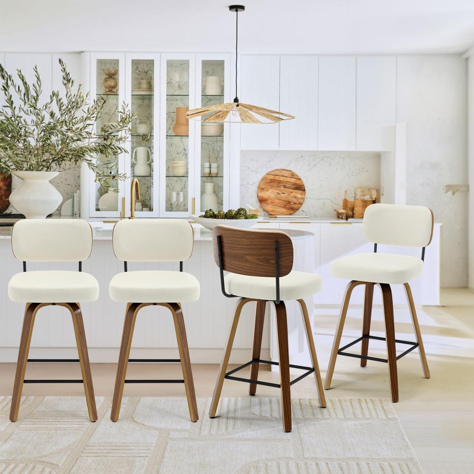 Bekrvio Swivel Counter Height Bar Stools Set of 4, 26" Upholstered Faux Leather Barstools with Back and Bent Wood Legs, Mid Century Modern Bar Chair Island Stool for Kitchen Counter, Cream White - Image 9