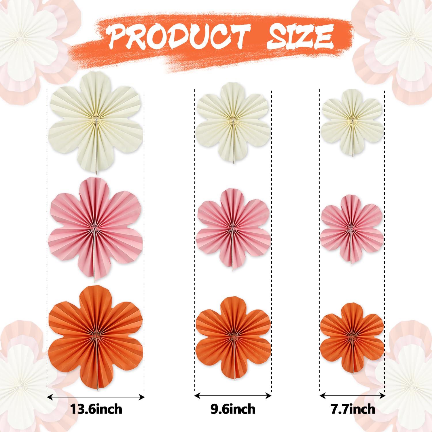 9Pcs Hanging Paper Fans Party Decorations, Orange Pink White Paper Flowers for Floral Preppy Birthday Baby Shower Wedding Party Backdrop Decor - Image 2