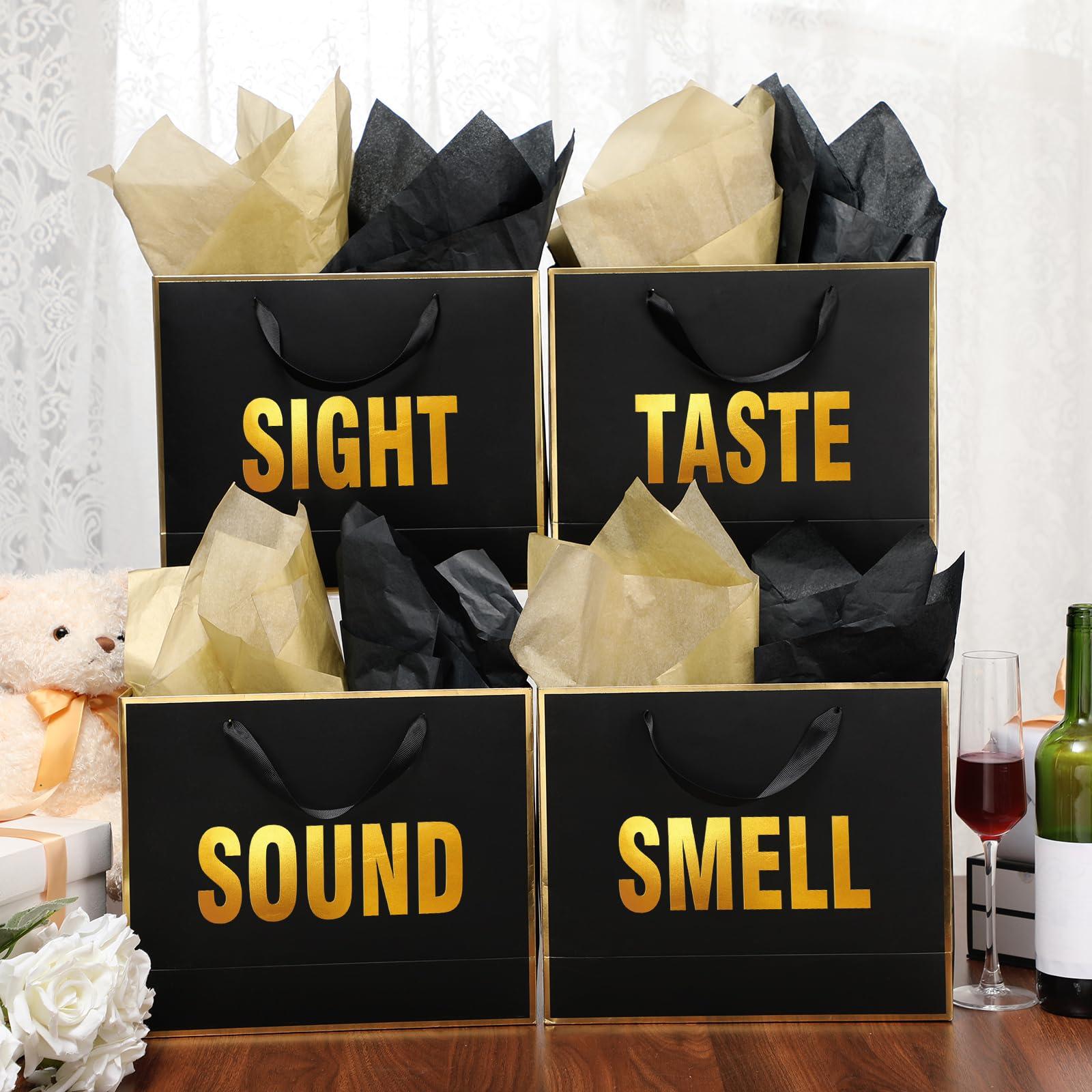 Kolldenn 5 Senses Gift Bags for Him Her Five Senses Gift Bag with Ribbon Handles and Tissue Paper Present Wrappings for Valentine Wedding Birthday Mothers Day(Black,11.8 x 10 x 4 Inch) - Image 3