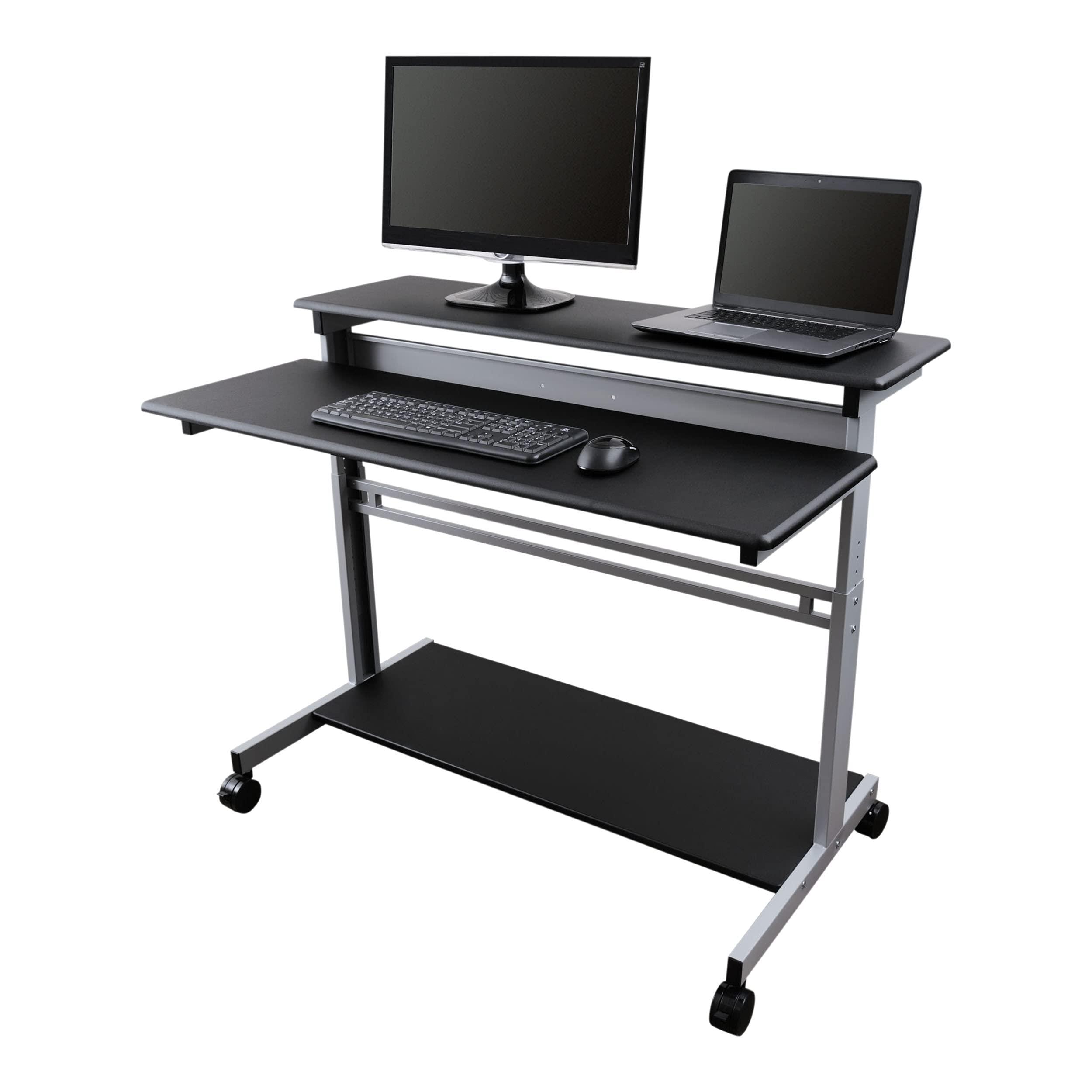 Stand Up Desk Store Rolling Adjustable Height Two Tier Standing Desk Computer Workstation (Silver Frame/Black Top, 48" Wide)