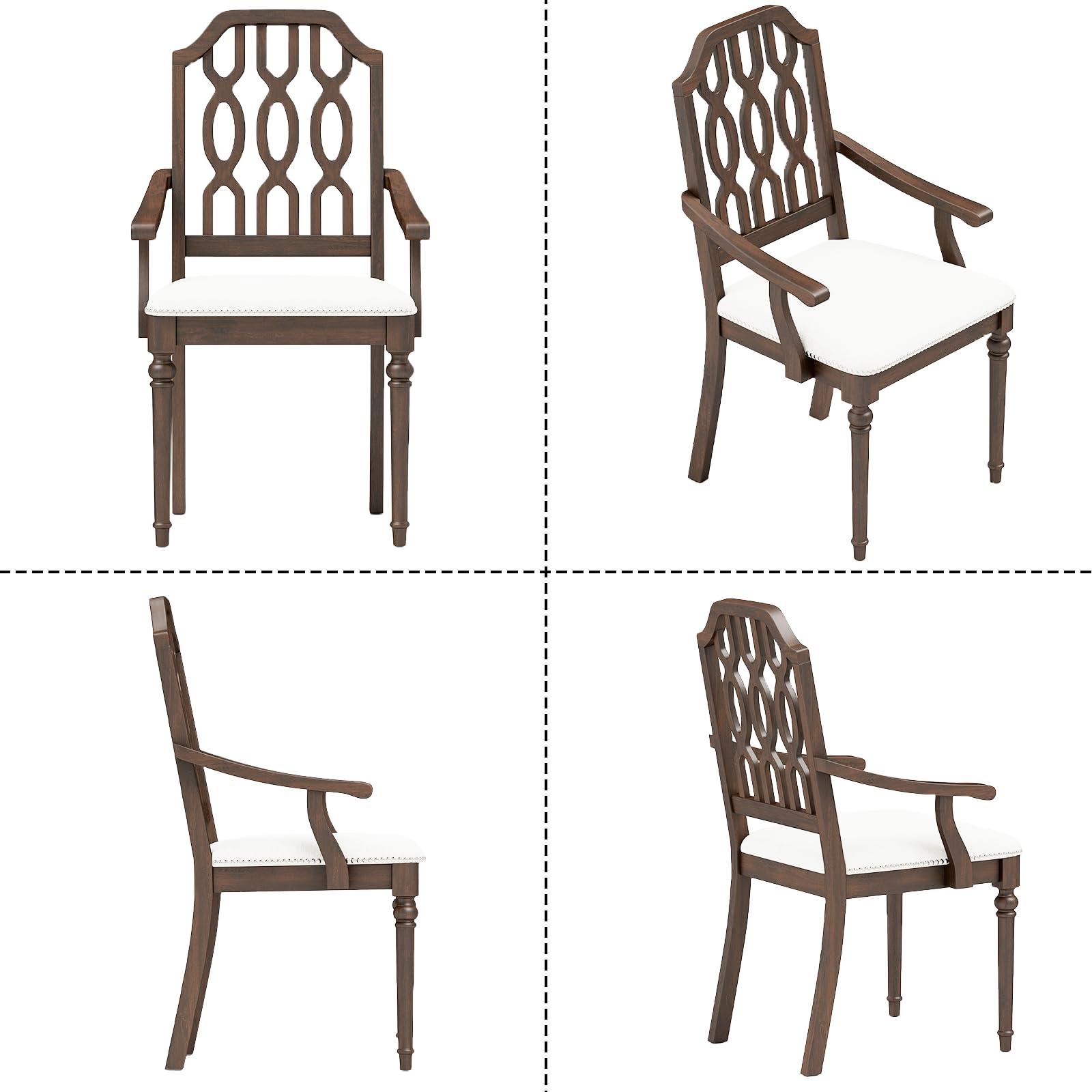 Kmax Dining Chairs Set of 4 Light Luxury Carving Craft Dining Room Chair with Brown Wood Frame Upholstered Seat Arm Chair with Lattice Back for Kitchen, White Chenille - Image 7