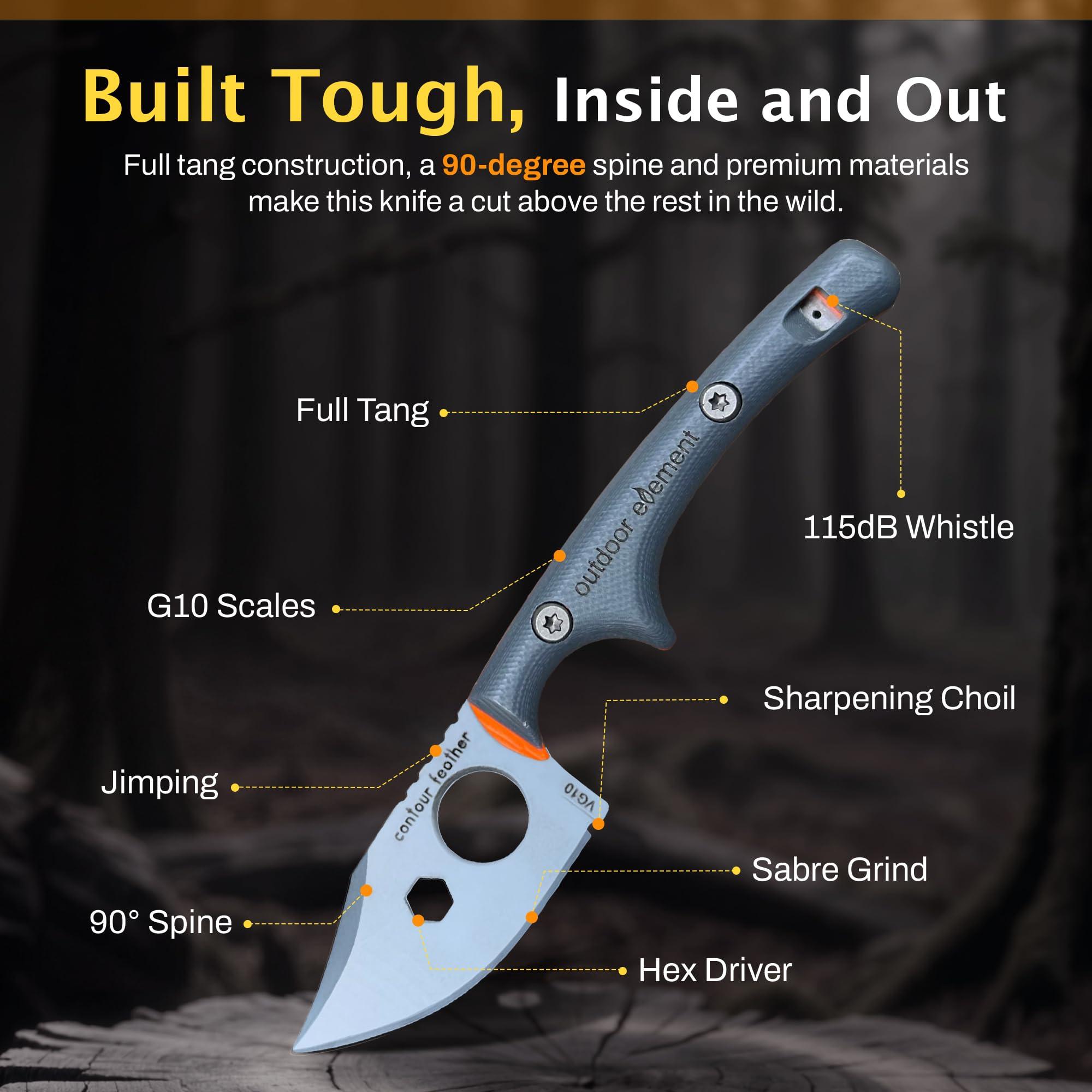 OUTDOOR ELEMENT Contour Feather Adventure Survival Knife - Fixed Blade, Hunting, Camping Knife with Fire Starter, Sharpener, Whistle, Hex Driver, Sheath - Full Tang, VG10 Steel, Belt Clip - Image 5