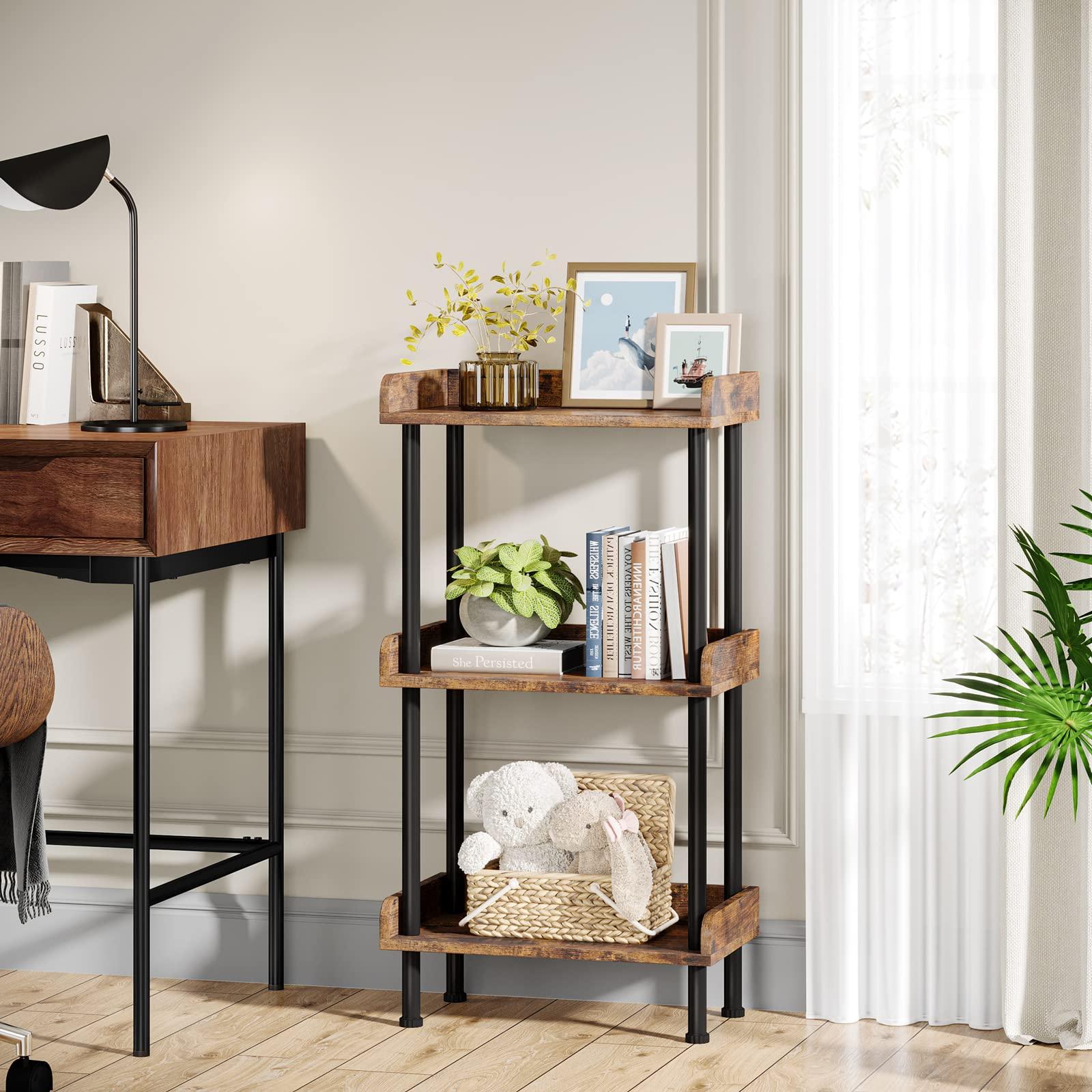 Hosfais Bookshelf Small Book Shelf, 3 Tier Wood Bookcase Industrial Bookshelf Metal Standing Book Shelves Display Book Rack for Living Room Bedroom Home Office (Rustic Brown) - Image 2