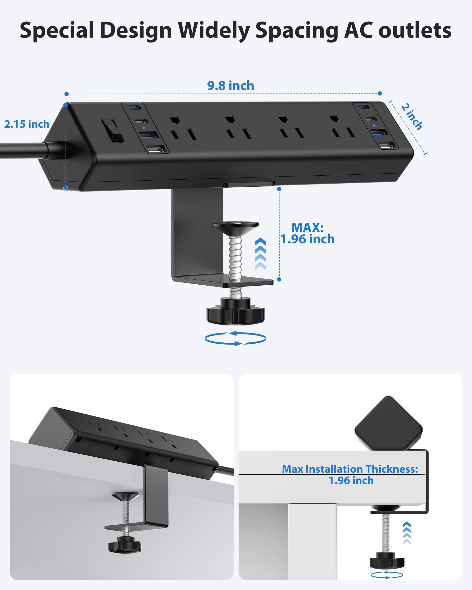 40W Fast Charging Station,Desk Clamp Power Strip 20W USB C,8 Outlets,8 USB Ports,4 USB C and 4 USB A, Office Furniture Surge Protector, 14AWG Cord, Fits 1.9" Tabletop Edge (Black, 10FT Length) - Image 2